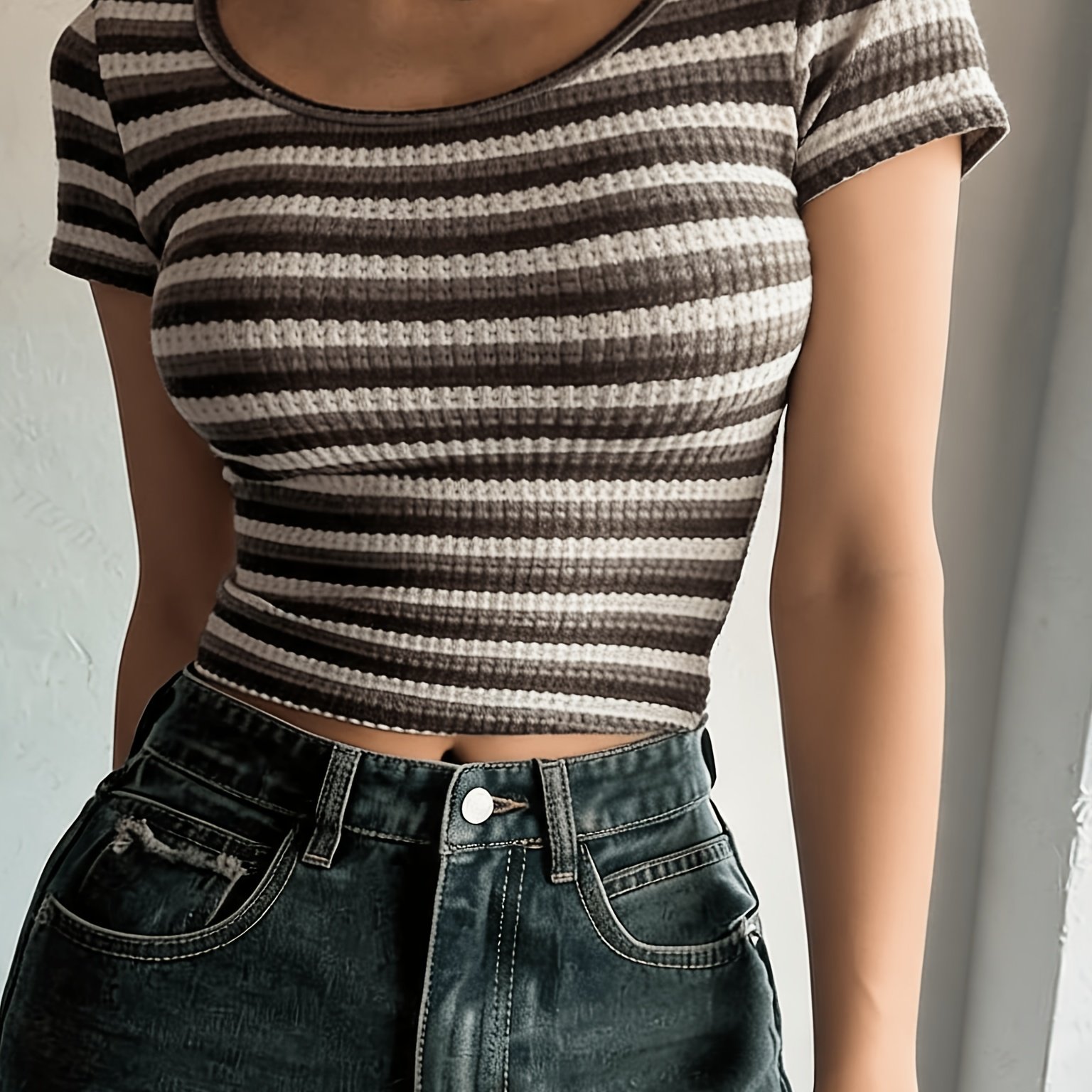 TEMU Women's Waffle Texture Striped Short-sleeve T-shirt Casual Top