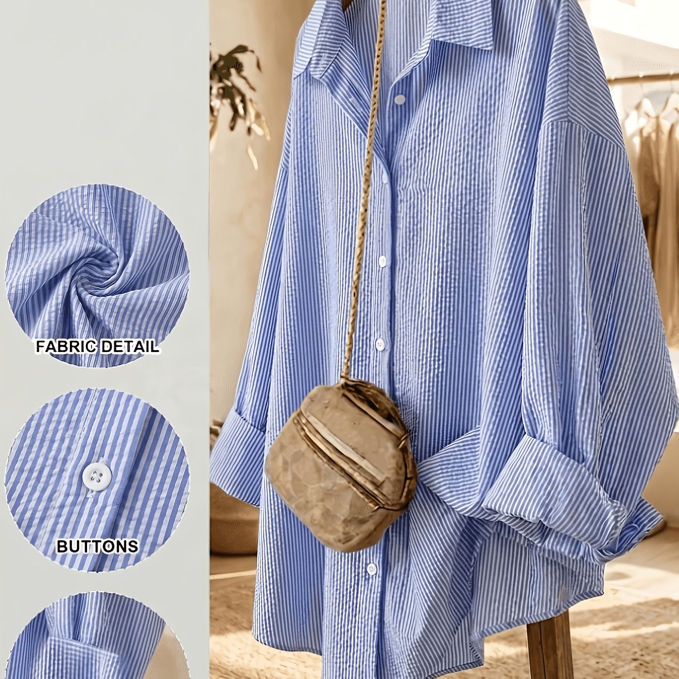 TEMU Plus Size Women's Striped Shirt. Casual Loose Long Sleeve Top, Versatile