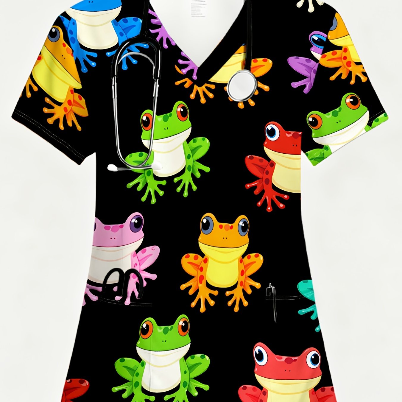TEMU Cute Beautiful Women's V-neck Short Sleeve T-shirt, Style, , Comfortable Care Uniform, Full Print, Frog Pattern Background, With Front Pocket,