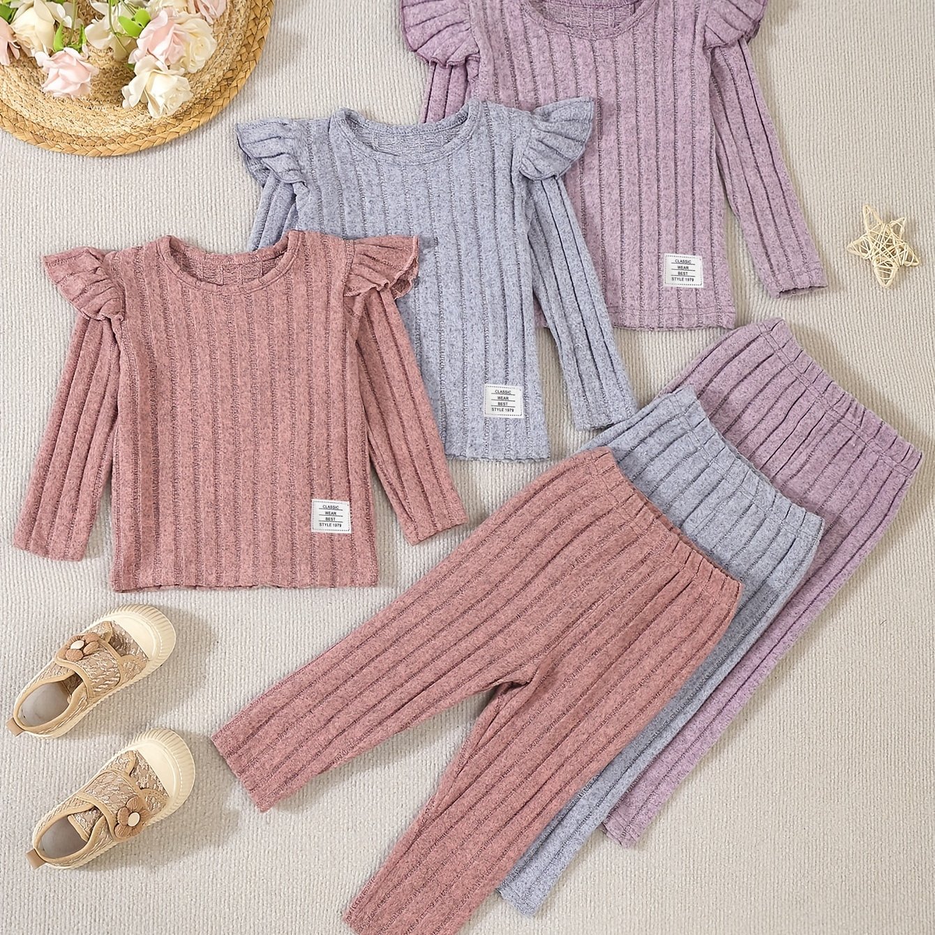 TEMU 3pcs Set For Girls Featuring A Thickened Striped Top With Flutter Sleeves And Solid Color Fitted Leggings, Soft And Stretchy For Comfortable Everyday Wear, For Outdoor