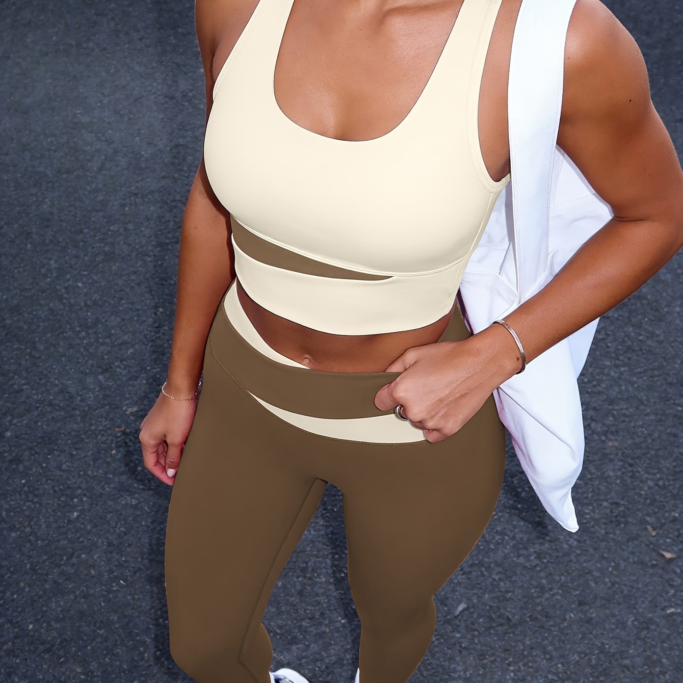 TEMU Women's 2pcs Set: Color-block Bra And High-waist Leggings, Street Style With An Instagram Vibe, Suitable For Daily Wear And Casual Gatherings.