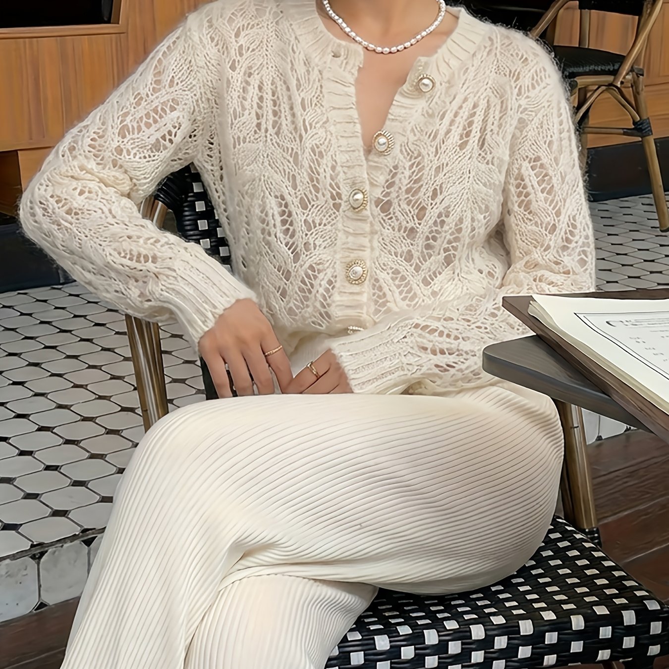 TEMU Women's Hollow Cardigan, Round Neck Air-conditioning Sunshade Top, Loose Top, Spring/autumn Style, Design- Gentle Style Soft Outerwear Sweater