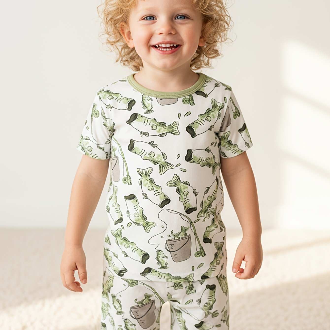 TEMU Boys Short Sleeve Shorts Family Pyjamas Set, Sea Fishing Rod Fishing Covered Print Pattern, Bamboo Fiber Fabric, Round Neck, Boys Casual Pyjamas