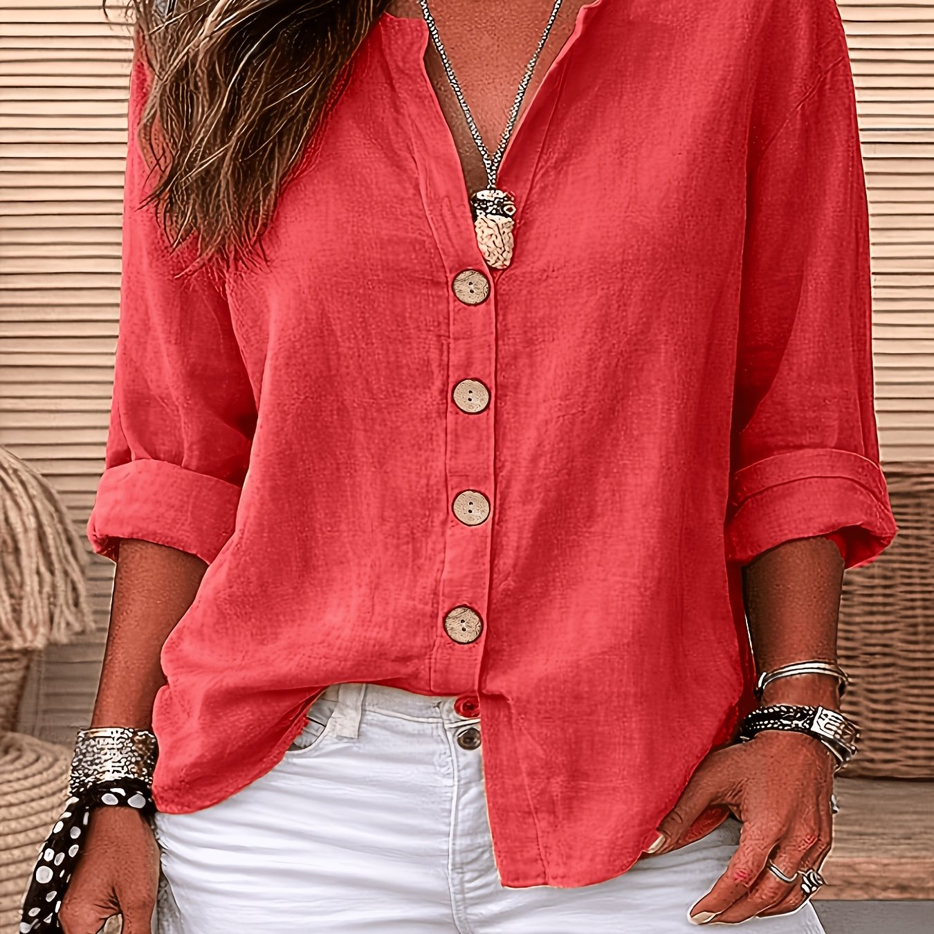 Image of Women's Shirt, Button-, Solid Color, Daily Casual, Long Sleeve, V-neck, Regular , Suitable For Spring, Summer, And Autumn, Elegant Special Zllz