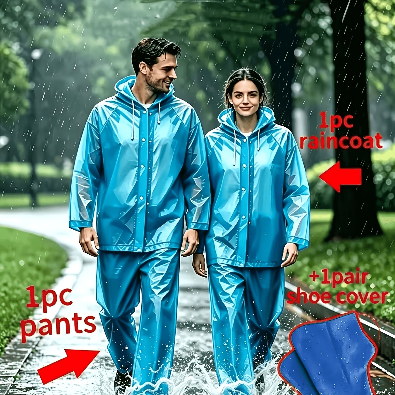 TEMU Conjunto de impermeable y pantalones de lluvia de EVA para adultos, 3 piezas (1 chaqueta, 1 pantalón y 1 de cubrezapatos), impermeable