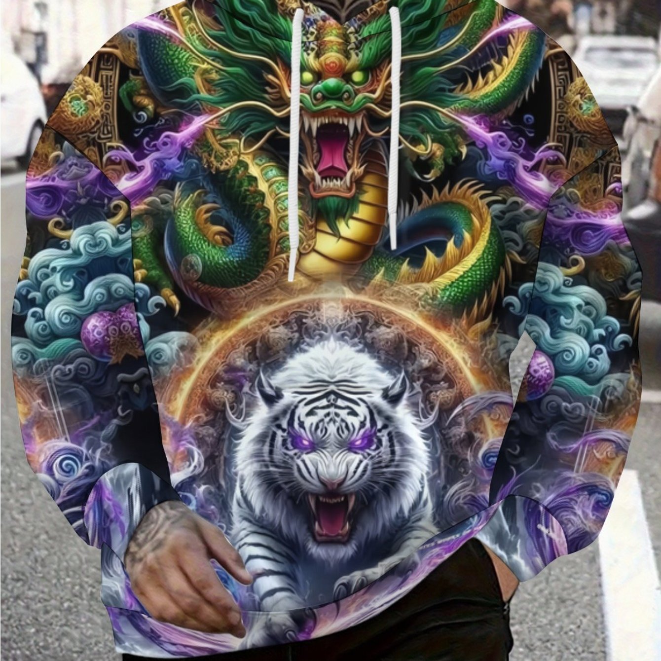TEMU Trendy Graphic Hoodie For Men Featuring A Stylish Streetwear Design With Dragon, White Tiger, And Cloud Pattern, Perfect For Casual Winter