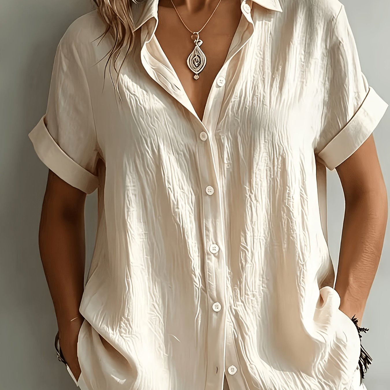 TEMU Women's Elegant Vacation-style Short-sleeve Top, Loose And Relaxed Shirt, Commuting Casual Literary Style, Figure-flattering, Daily Temperament