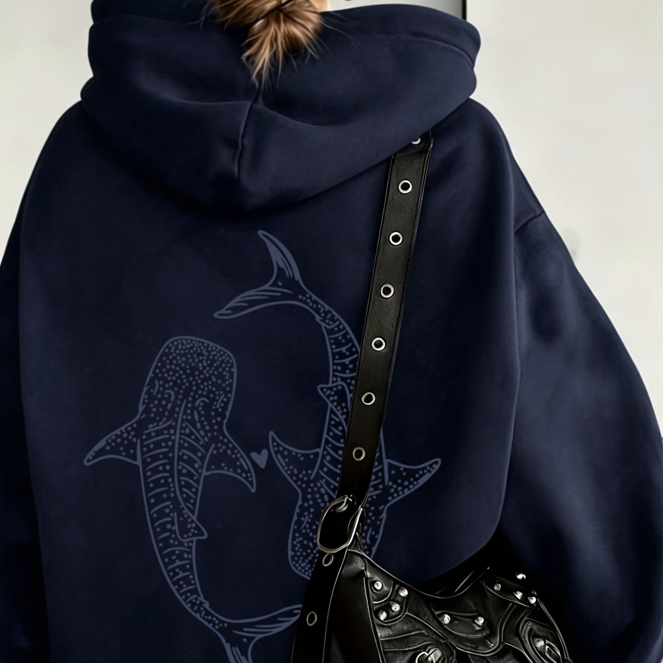 TEMU European And Minimalist Artistic Style Top, Whale Shark Print Pattern Hooded 1pc Women's Sweatshirt, Loose Autumn/winter Pullover Top, Relaxed