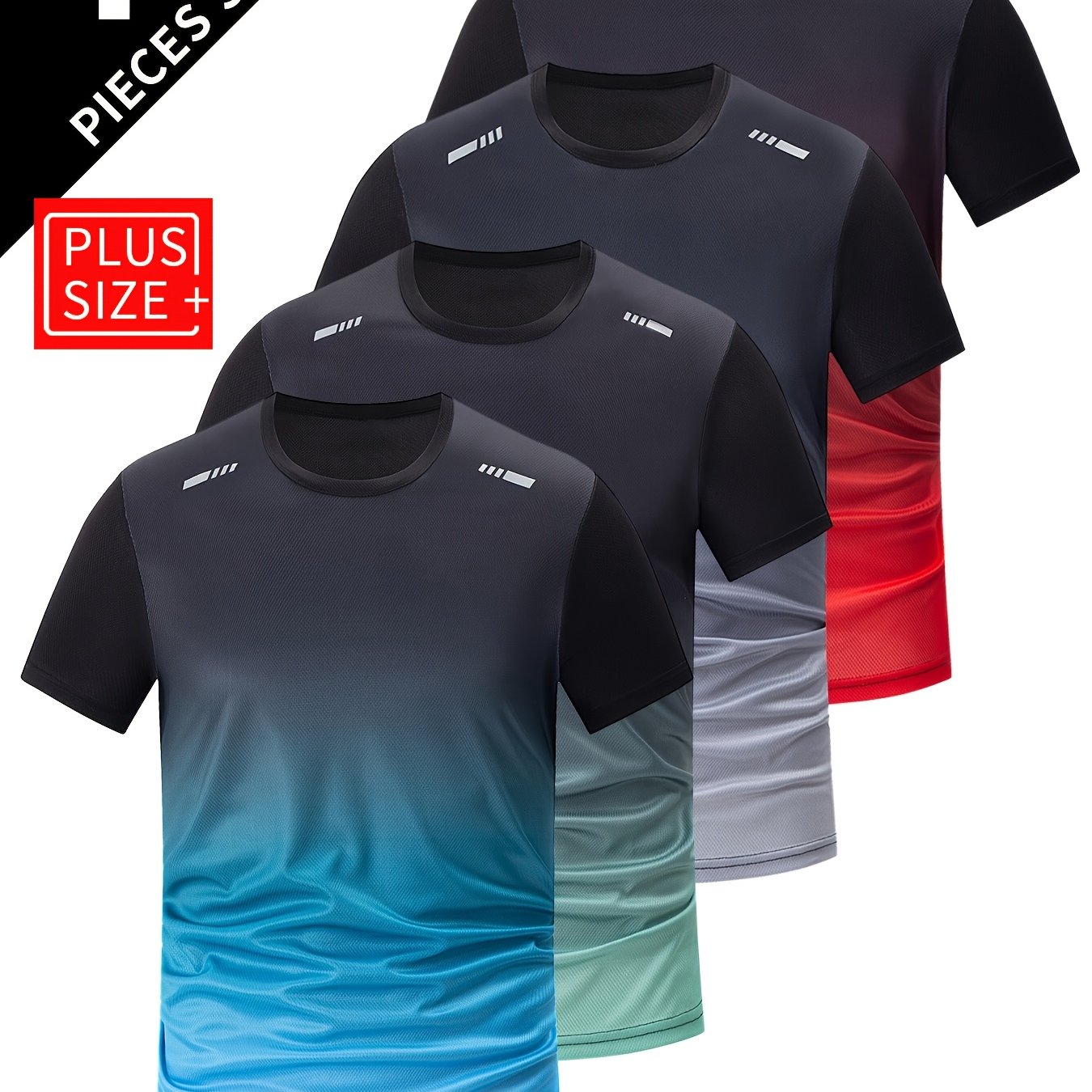 4pcs Set Plus Size Men's Short Sleeve Lightly Faded Round Neck T-shirt Breathable Quick-dry Training Outfit