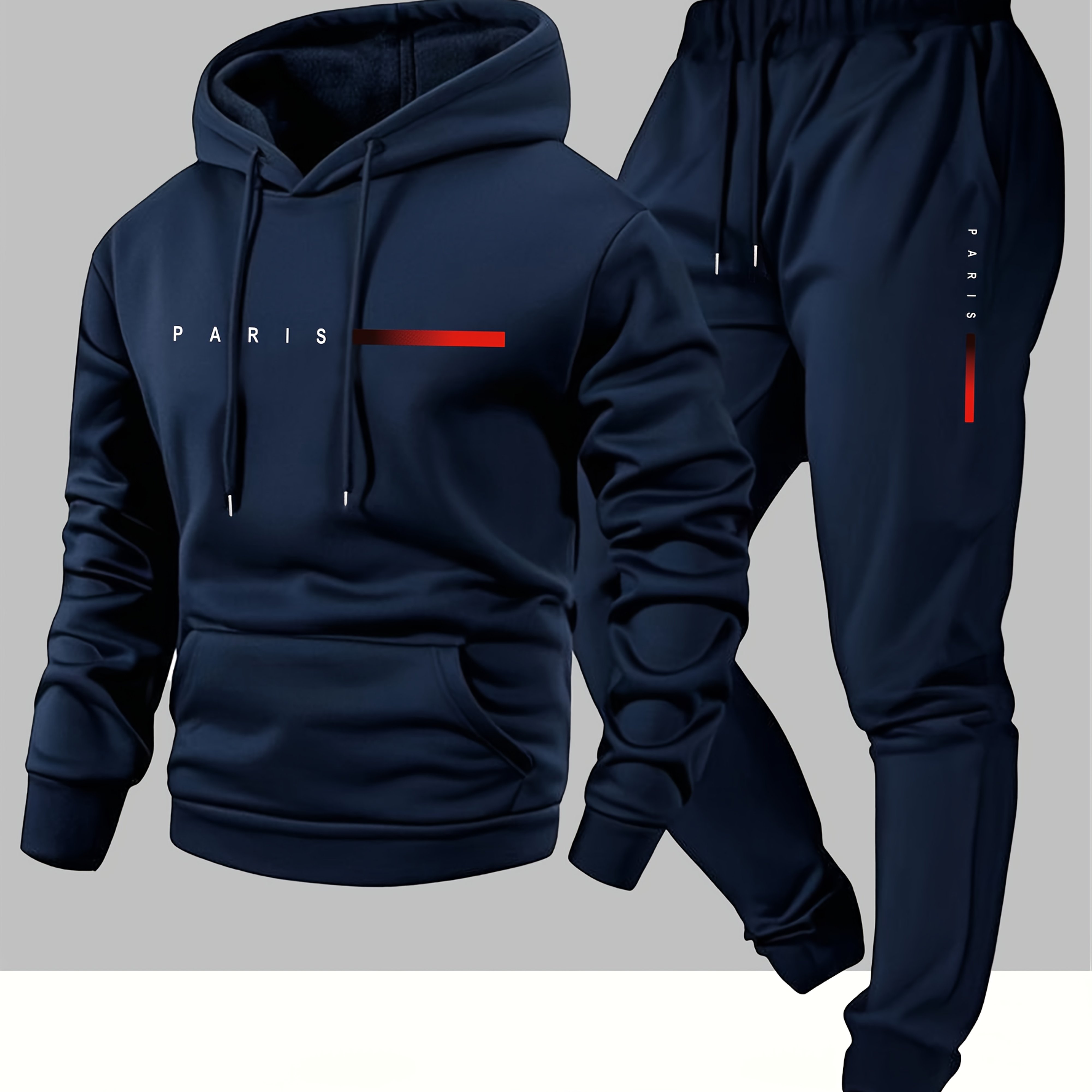 E-shop Lässiges Herren Cartoon Paris Buchstaben Kapuzenpullover mit Kordelzug und Sport Hose mit Kordelzug, 2-teiliges Set