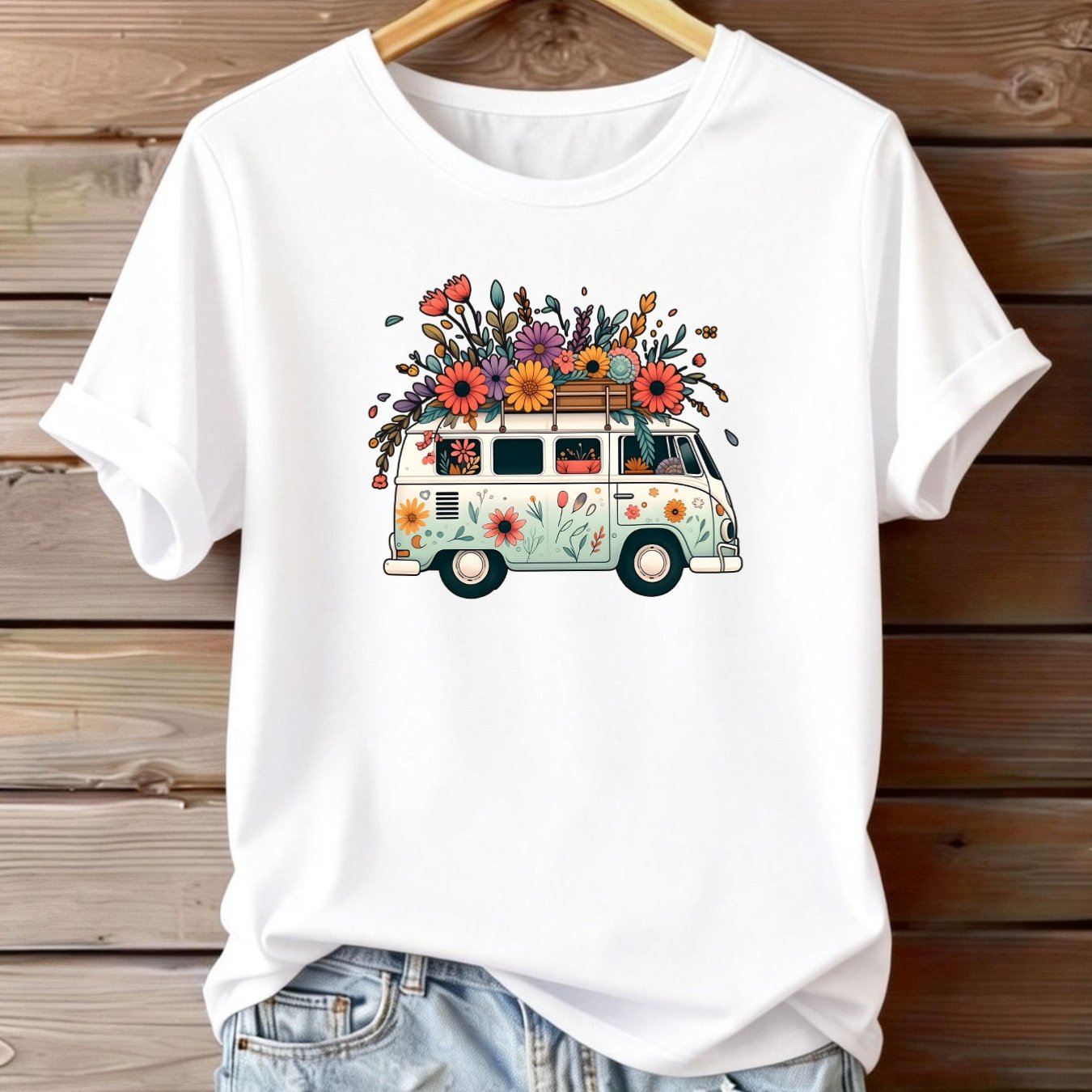 TEMU 1pc Women's Plus Size Vintage Bus Full Of Flowers & Nature Print Short-sleeve T-shirt - Round Neck Casual Blouse, - Comfortable Top For Casual