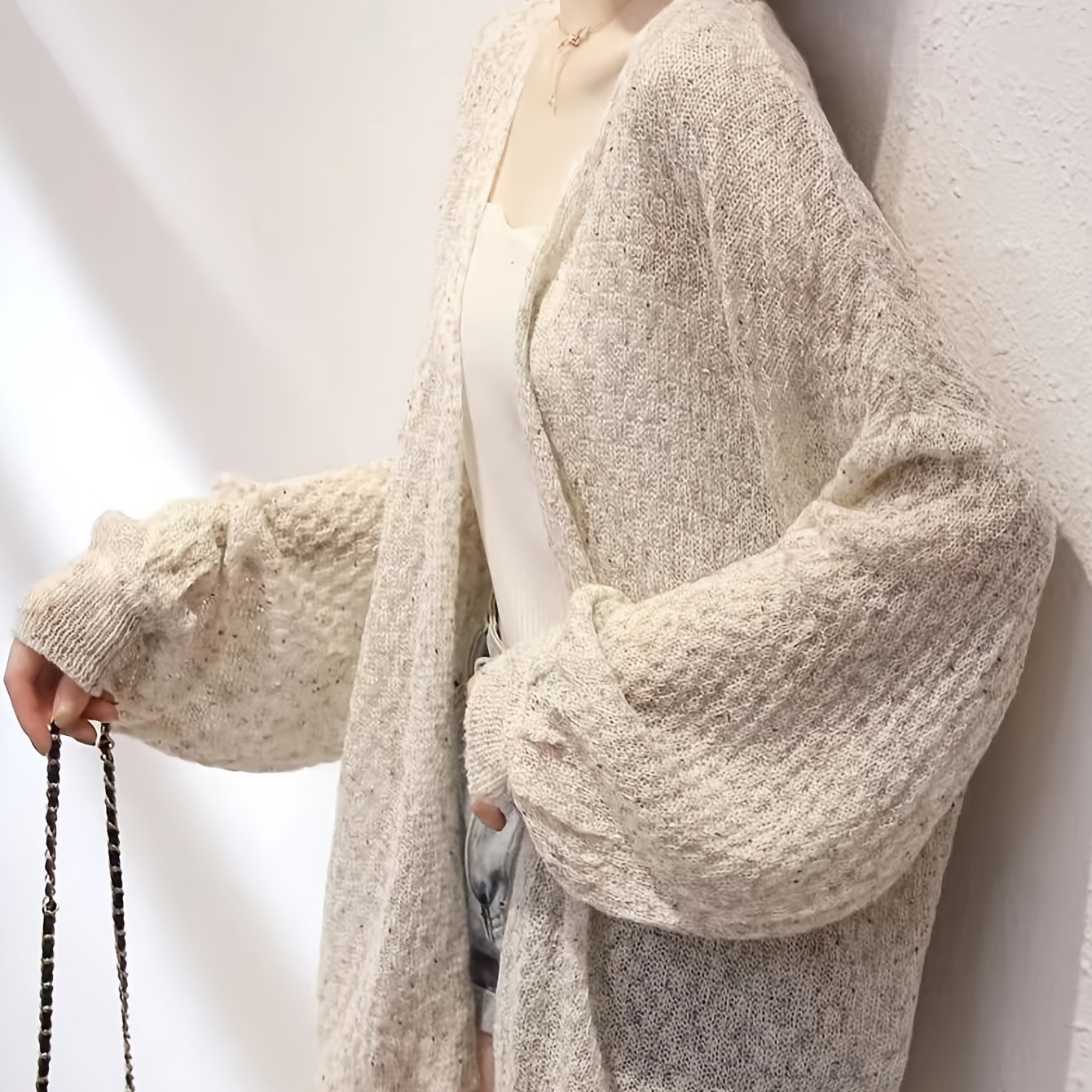 TEMU 【商品名】レディース 中空 薄手 長袖 カーディガン, ゆったり 韓国風 ランタンスリーブ コート, カジュアル カバーアップ