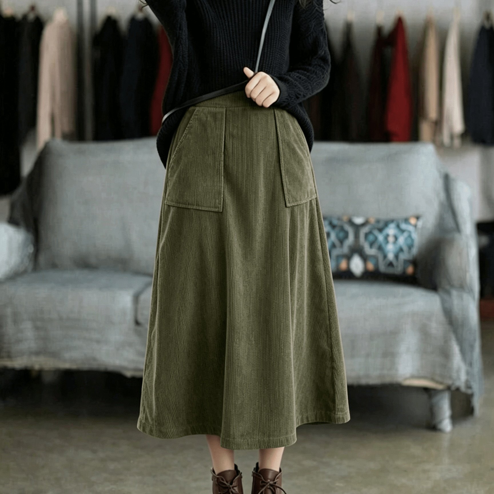 TEMU Jupe mi-longue vintage en velours pour femme, taille haute élastique avec grandes poches, jupe évasée trapèze, jupe longue décontractée et