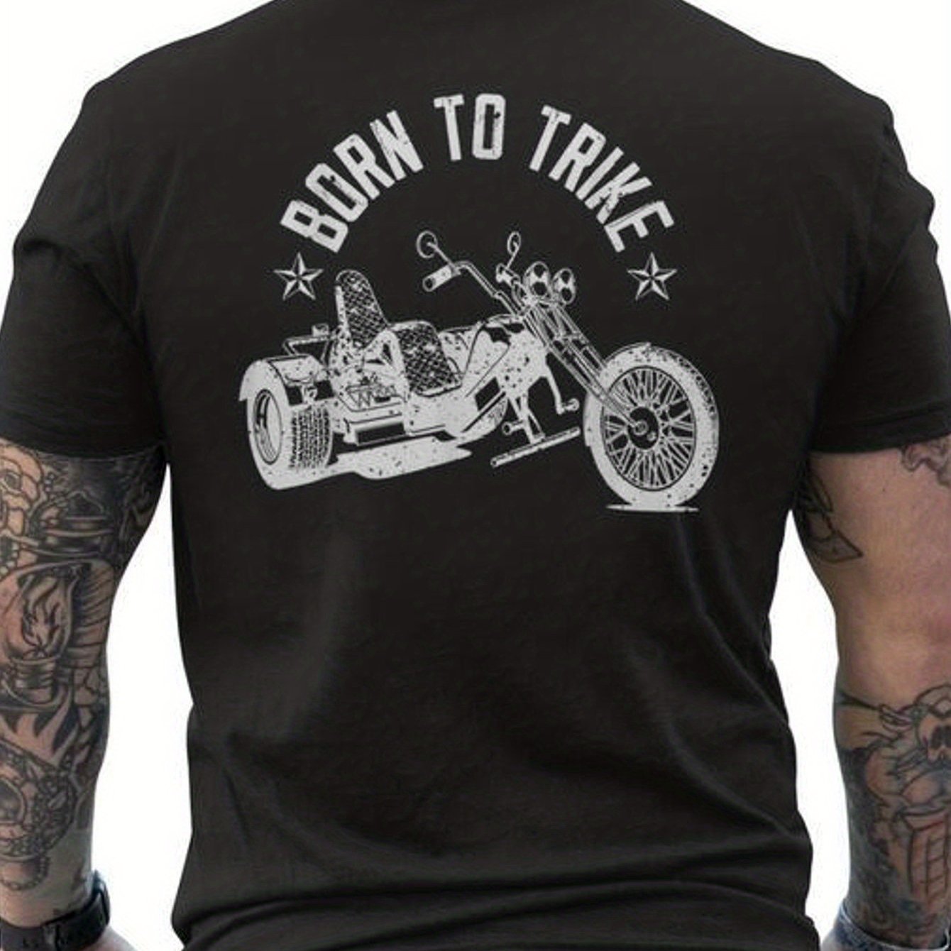 Image of Men's T-shirt Featuring A Back Print, Designed For Tricycle Enthusiasts. Made From, It Has A Round Neck And With Breathable Fabric And Short Sleeves