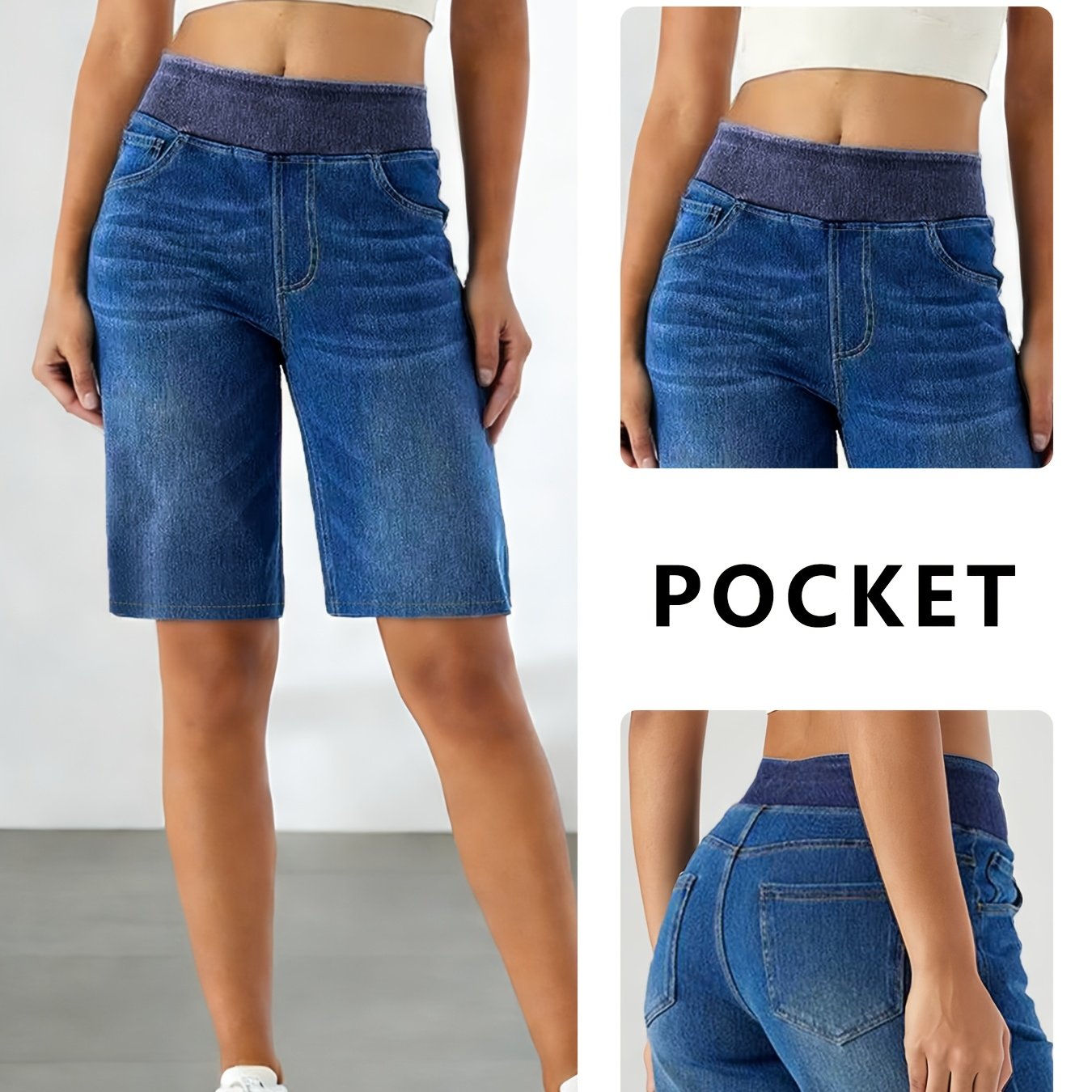 Image of Denim Capri Shorts, Women's Shorts, Straight Leg, Yoga Elastic Waist, Stretchy, Women's Hot Pants, Summer, Thin Style, High Waist,, Casual