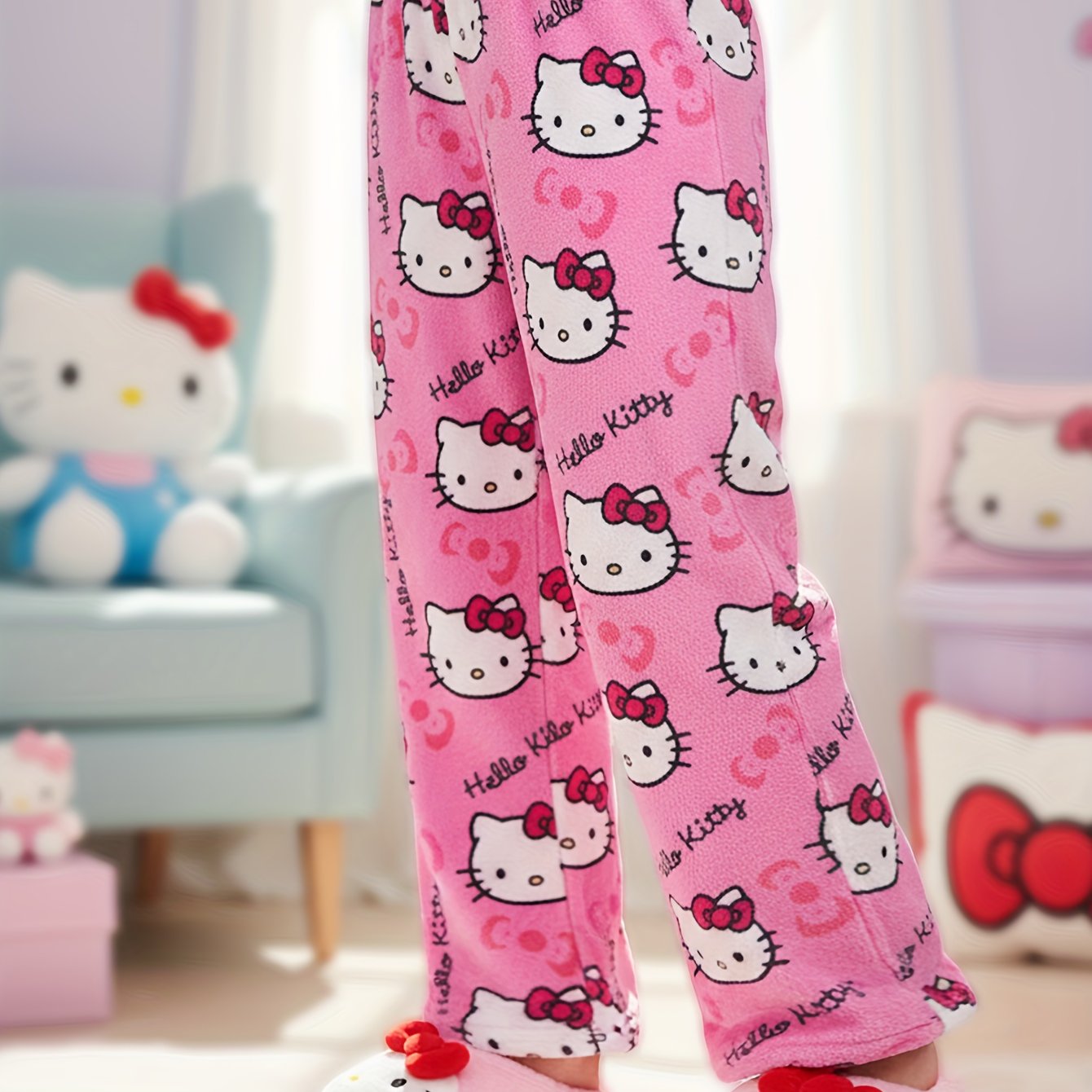 E-shop Sanrio Hello Kitty Mädchen Lange Flanellhose für Teenager, Warm für Herbst und Winter, Freizeithose für junge Mädchen, als Weihnachts- oder