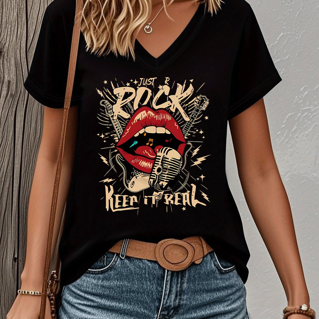 TEMU Women's Retro Rock & Roll V-neck T-shirt - Vintage Lips & Guitar Music Graphic Tee, Breathable Machine Washable Suitable For Rock Music Lovers,