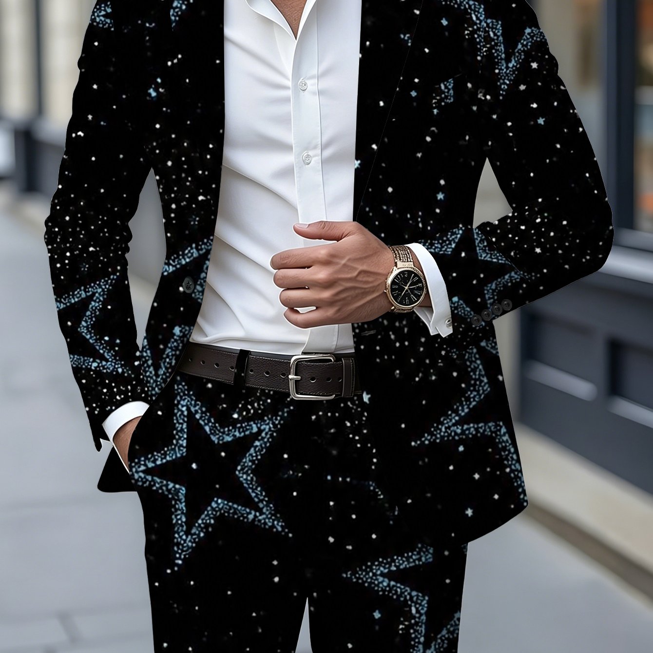 TEMU Men's 2pcs Suit Set With Trousers, Starburst Print Full Suit Set, Star Element Men's Formal Suit Set, Black And Blue Starry Night Casual Suit