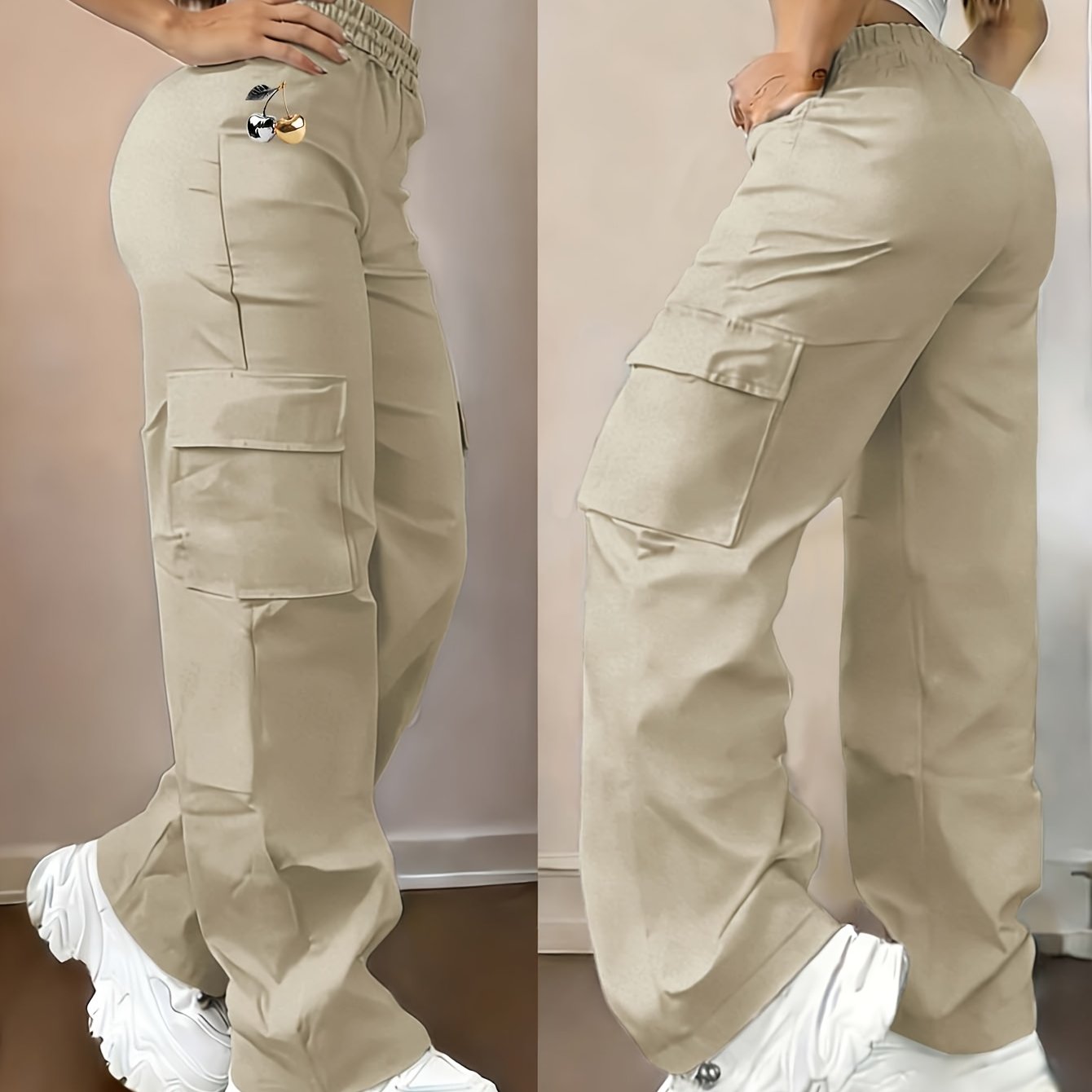 TEMU Women's Casual Long Pants, Creative Cherry Pattern Print, Fashionable Cargo Pants - D355-why2066