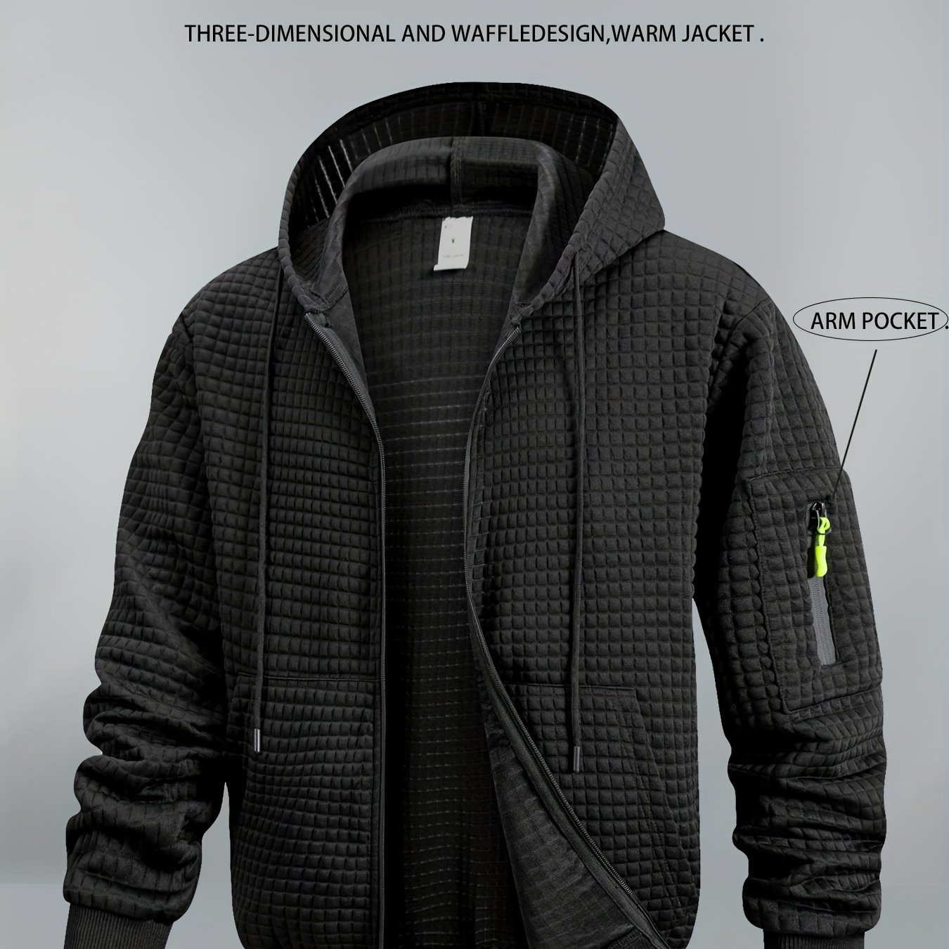 Image of Men's Waffle Jacquard Hooded Zipper Design, Cardigan Sweatshirt Hoodie With Multi-, Suitable For Hiking, Camping, Cycling And Other Daily Casual Wear