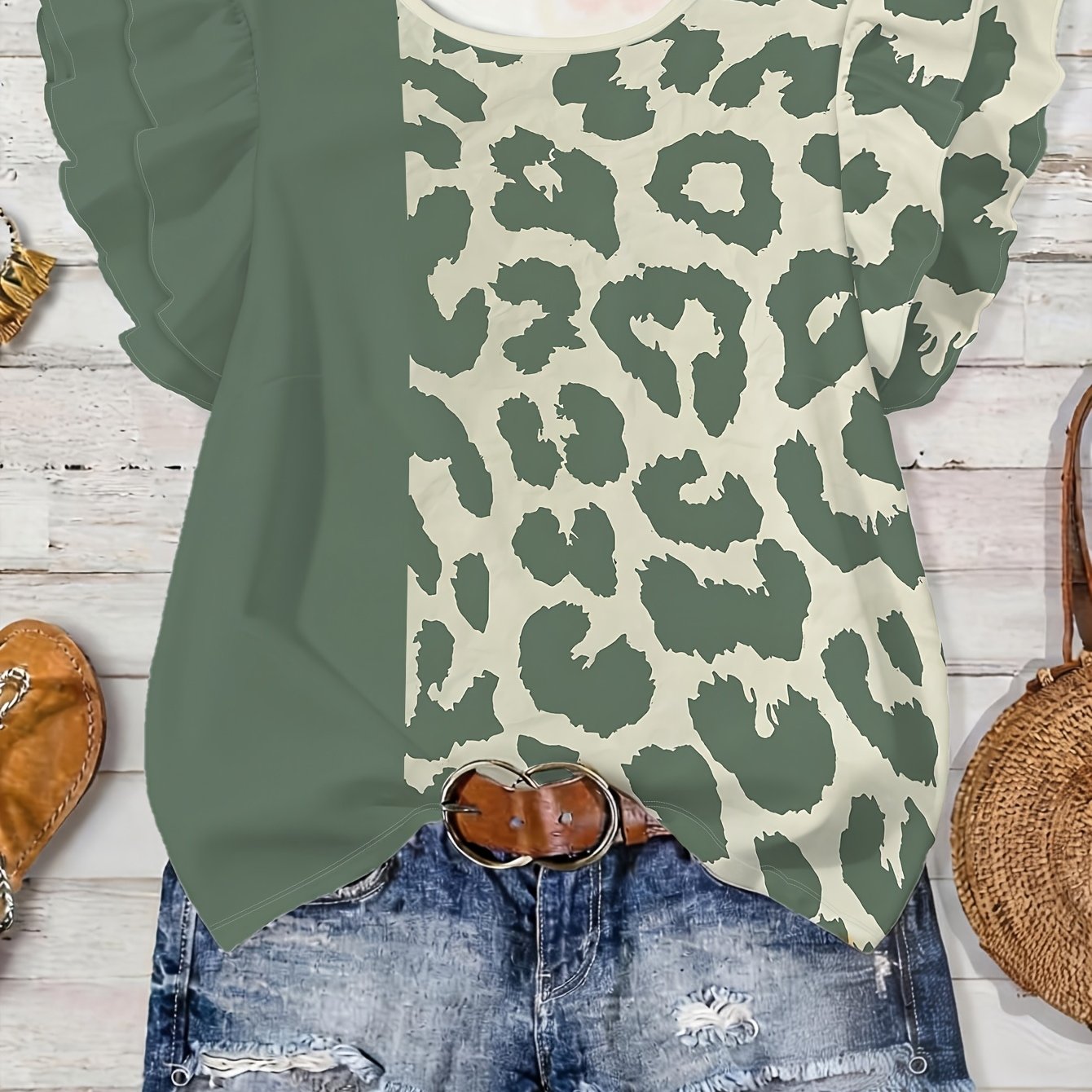 TEMU Leopard Print Sleeve Top Women's Summer Short Sleeve T-shirt Casual Loose -concealing Design Shirt