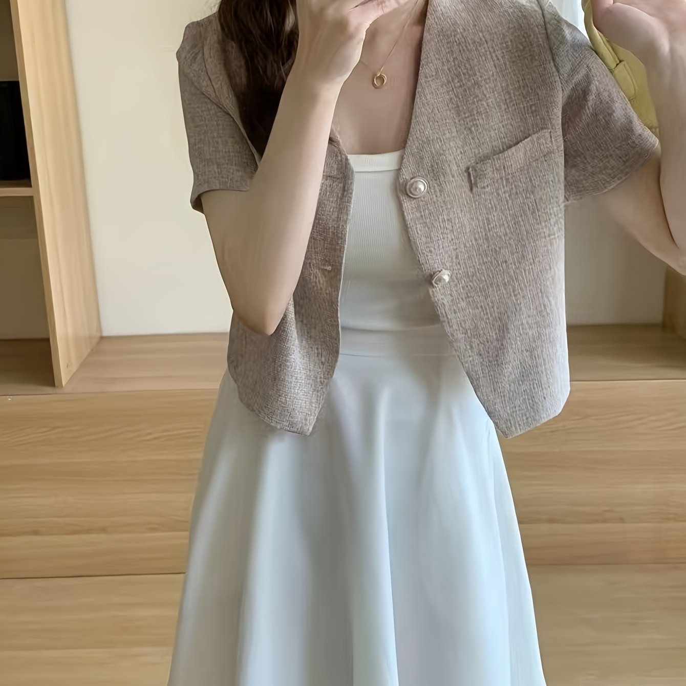 TEMU 【商品名】レディース 万能 ファッション 通勤 半袖 ブレザー 気質 ソーシャルアイテム スタイル ショート トップコート