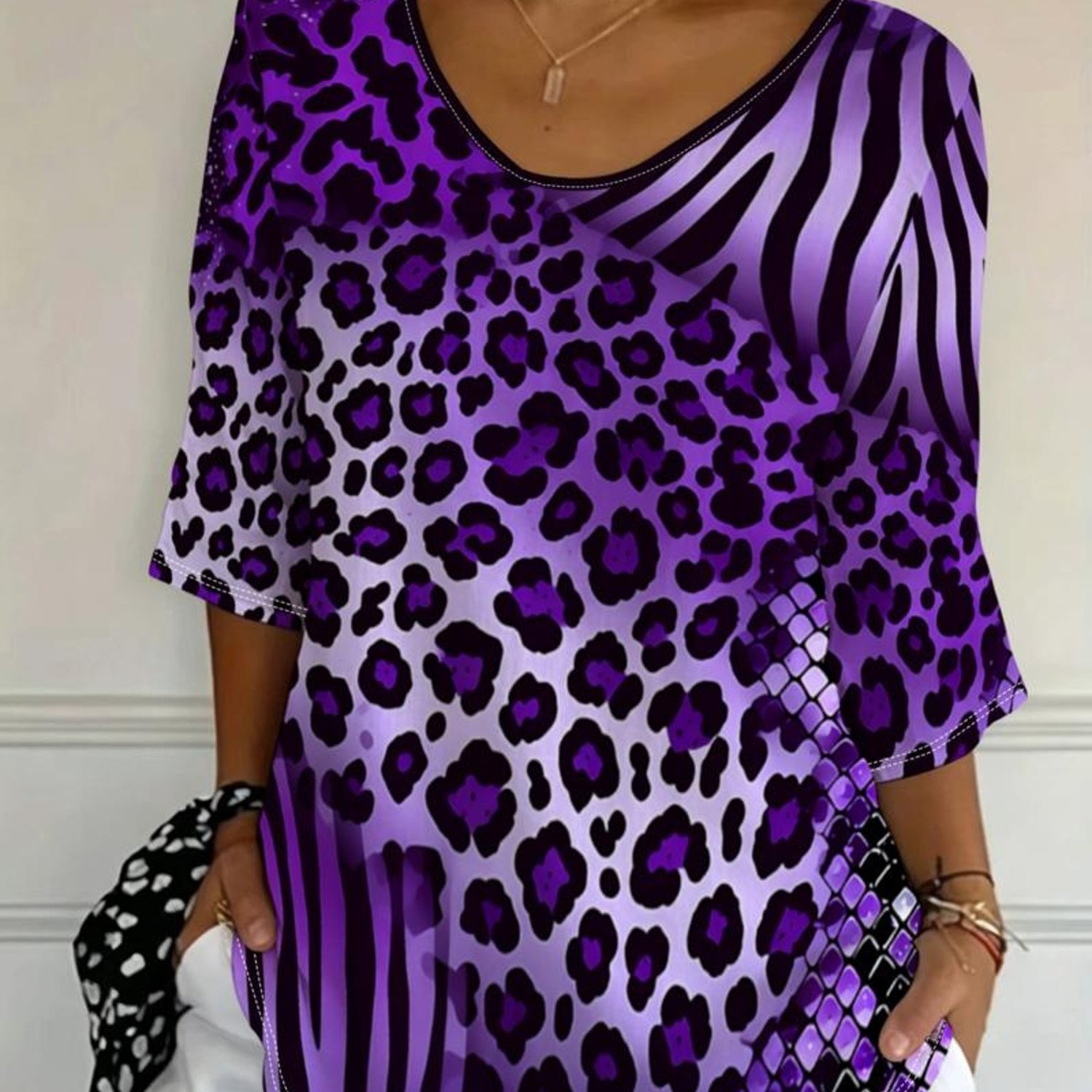 TEMU Plus Size Women's Top, 3/4 Sleeve T-shirt, Effect, (/zebra) Design, , 2026 Summer , Casual All-match Wear