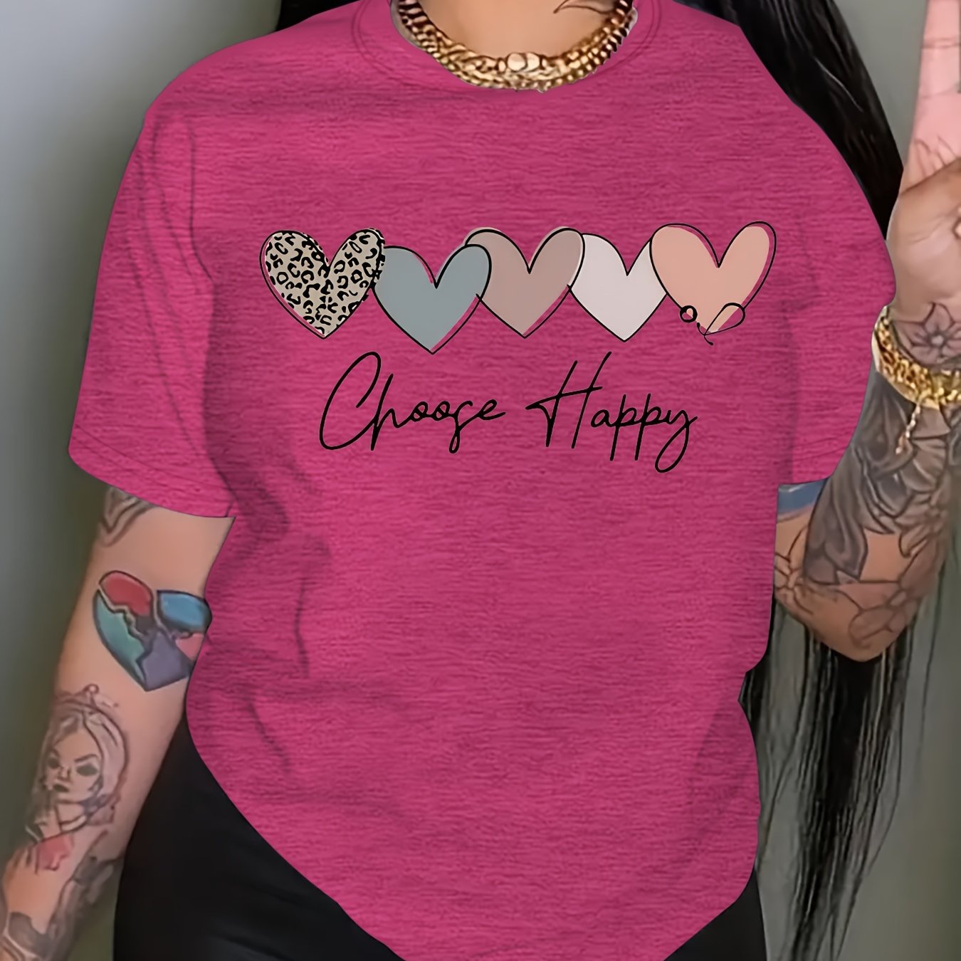 TEMU Heart & Happy Print T-shirt, Short Sleeve Crew Neck Casual Top For Summer & Spring, Women's Clothing