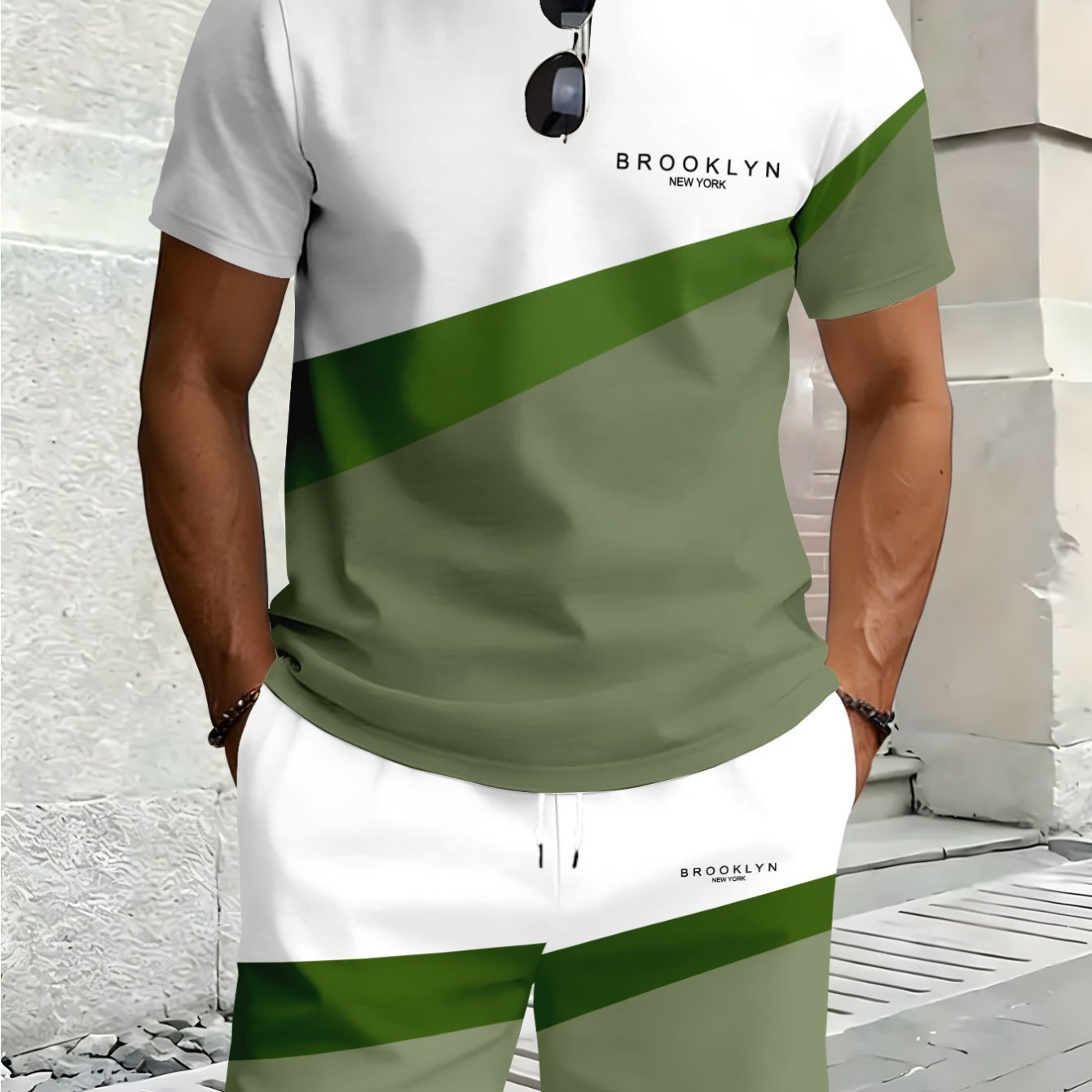 TEMU Men's Color-block 2pcs Sportswear Set: Simple Striped Print Short-sleeve T-shirt With Drawstring Shorts, An Essential For Summer , Geometric