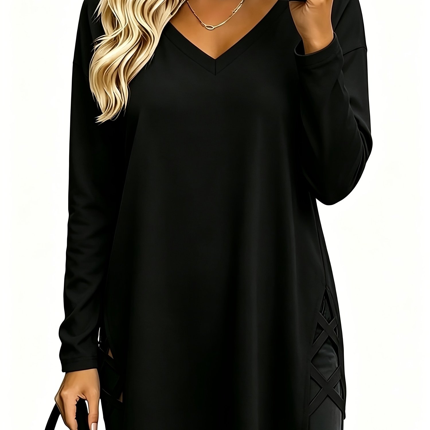 TEMU Women's Autumn/winter Long Sleeve Oversized V-neck Casual Midi Top, Soft And Comfortable Fabric, Shirt, Fashionable Side Slit Loose Long Sleeve