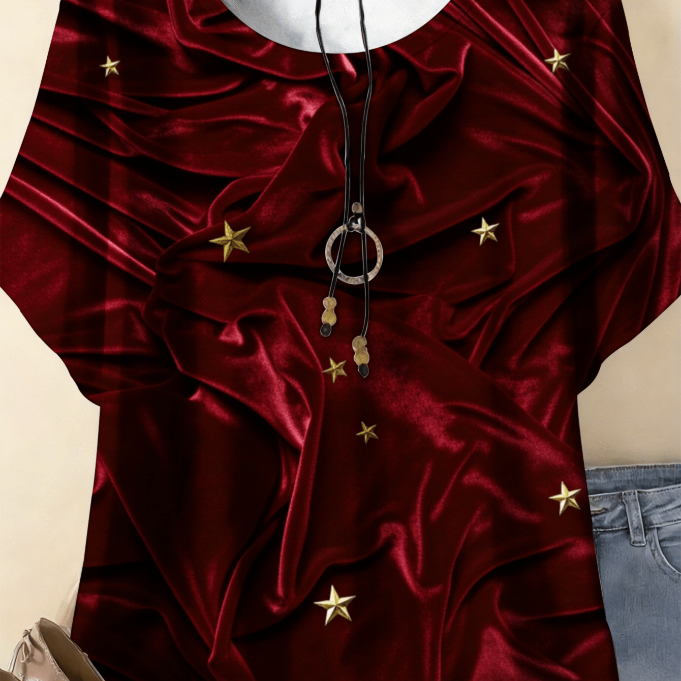 Image of Plus Size - 0-9xl Plus Size Red Velvet With Golden Stars Women's Summer T-shirt High Elasticity Comfortable