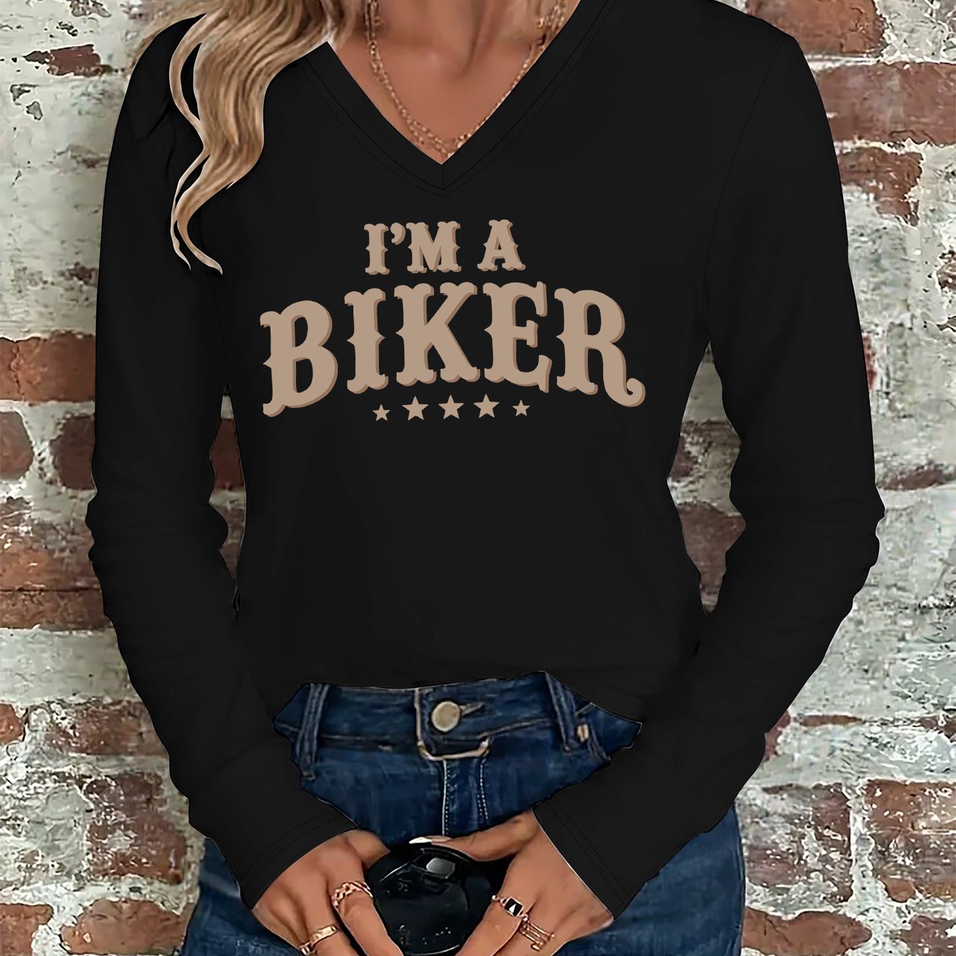 TEMU Graphic Print T-shirt, Long Sleeve V Neck Casual Top For Spring And Fall, Women's Clothing