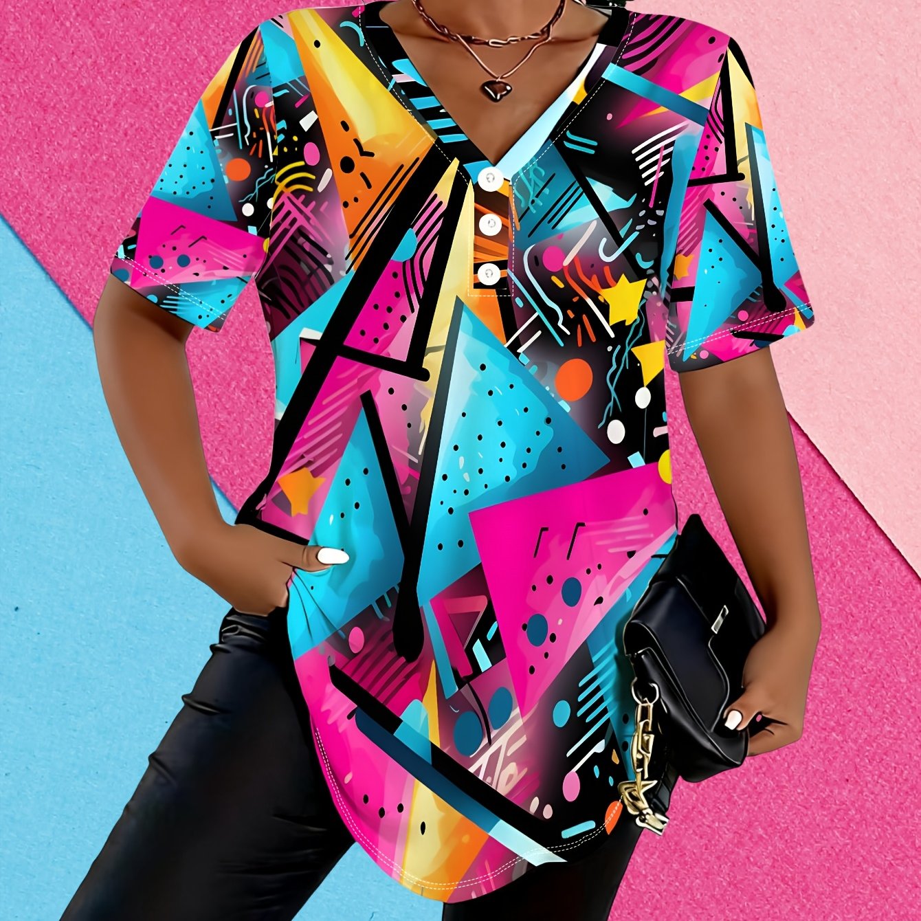 TEMU Plus Size Women's Short-sleeved T-shirt With Three-button V-neck, Black Background With Pink And Blue Geometric Graffiti Print, Casual And