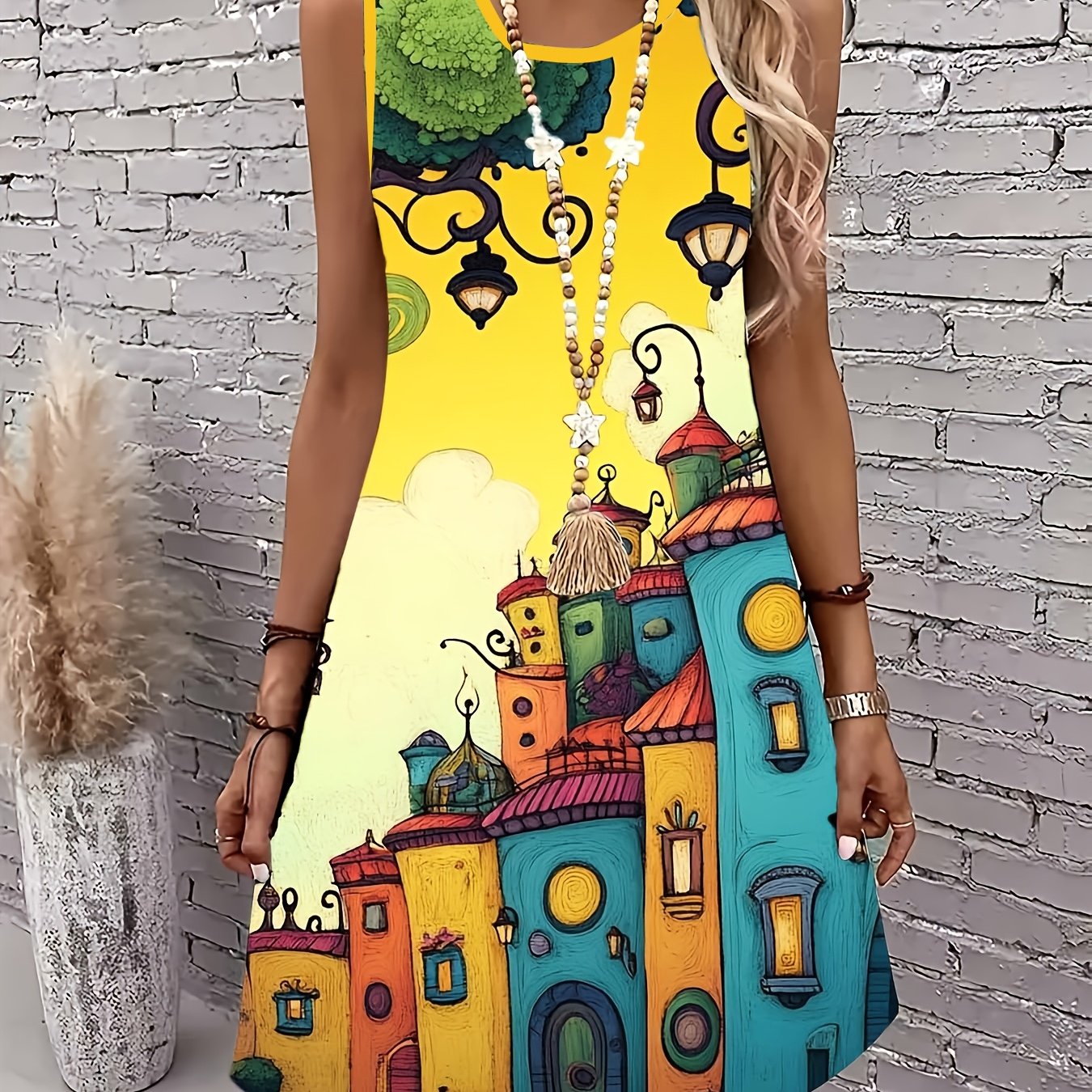 TEMU Printed Design-not Textured]--women's Casual Printed Dress, Suitable For Beach, Office, And Daily Wear, Non-see-through, Round Neck Design, Long