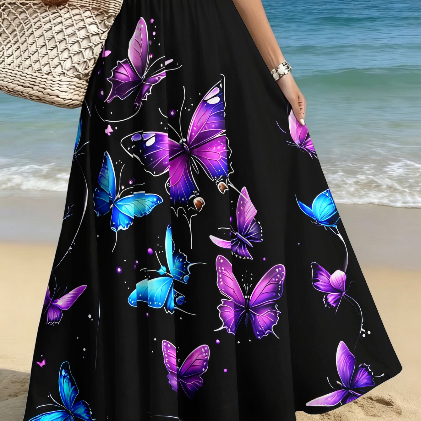 TEMU Plus-size Women's Elegant And Stylish Half Skirt, Casual Printed Midi Skirt, Purple And Blue Butterflies On Black Background With Sparkling Dots