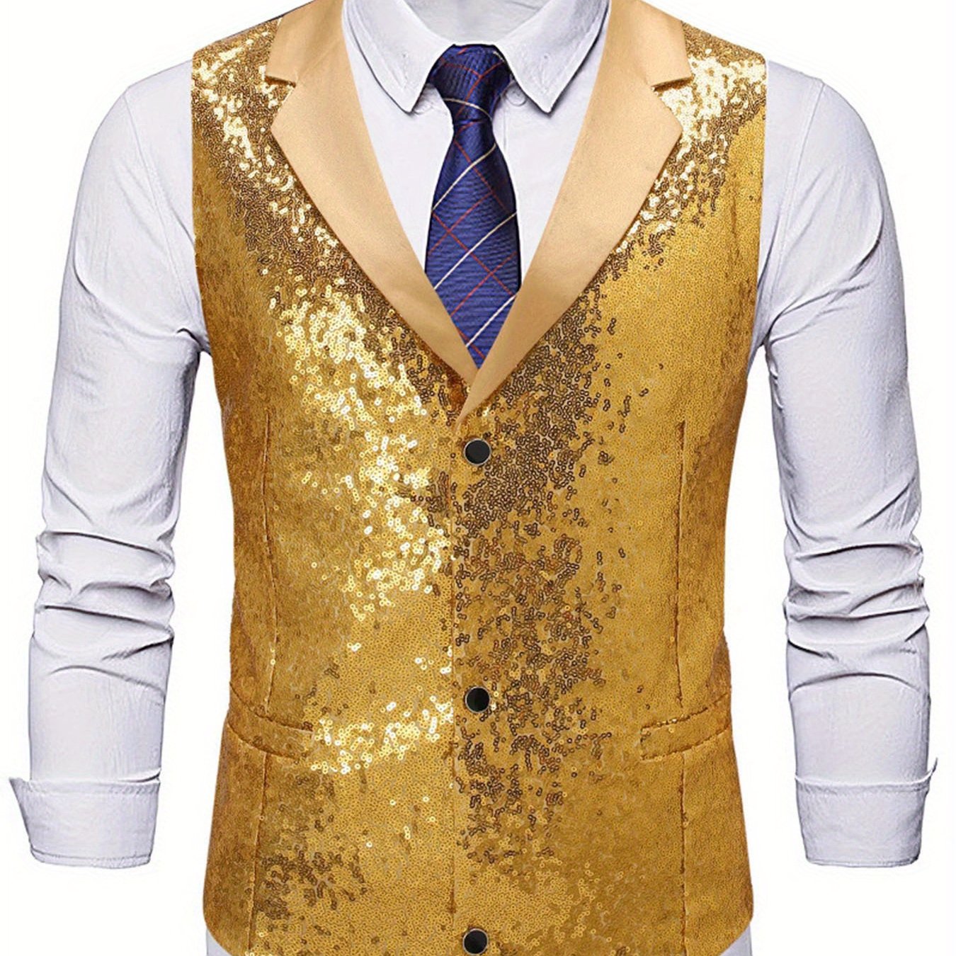 TEMU Gilet à paillettes pour homme de polyester, costume de scène, tenue de présentateur, soirée, veste manches formelle PP