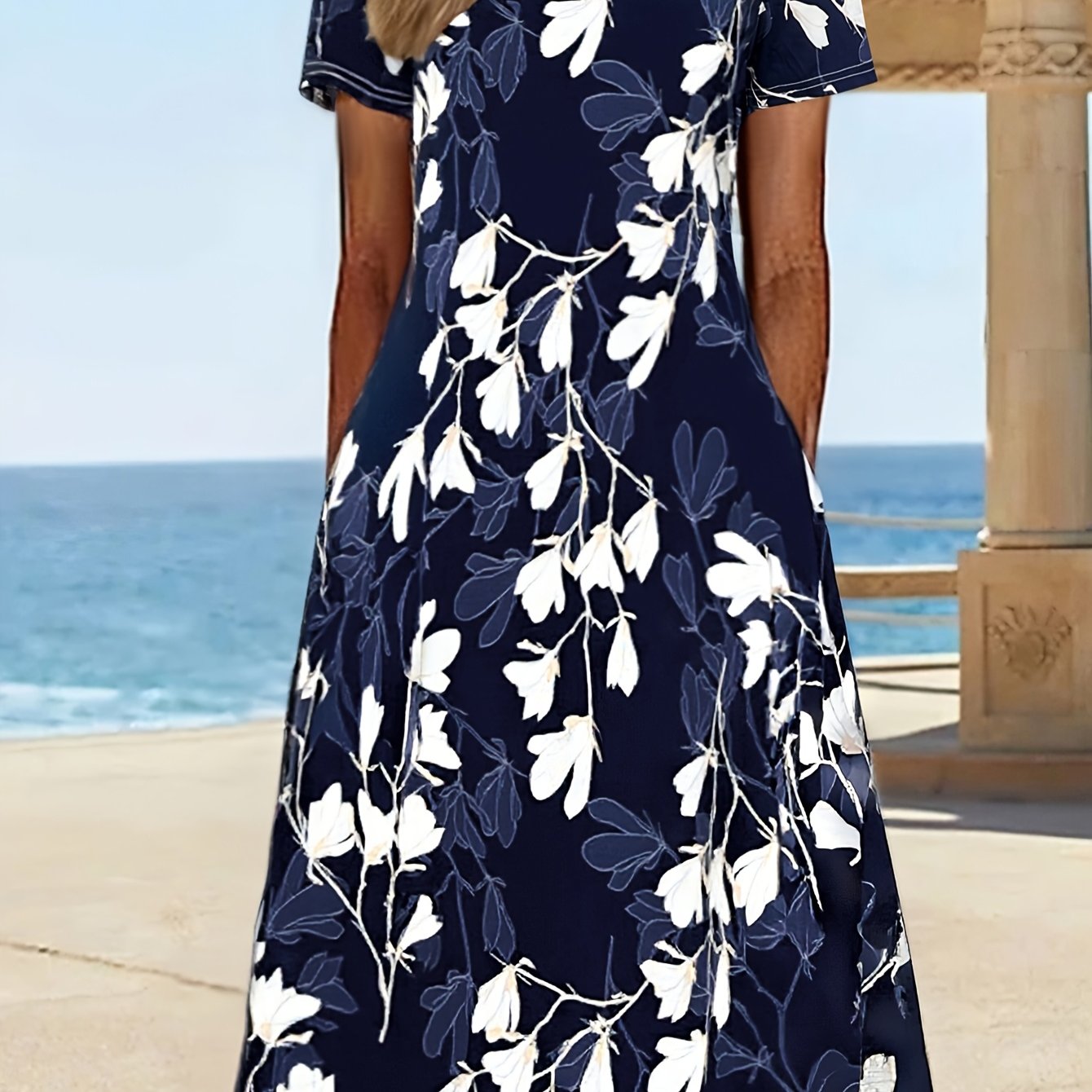 Image of Spring Summer Women's Fashion Floral Print Versatile Short Sleeve Dress Vacation Beach Outing Summer Dress