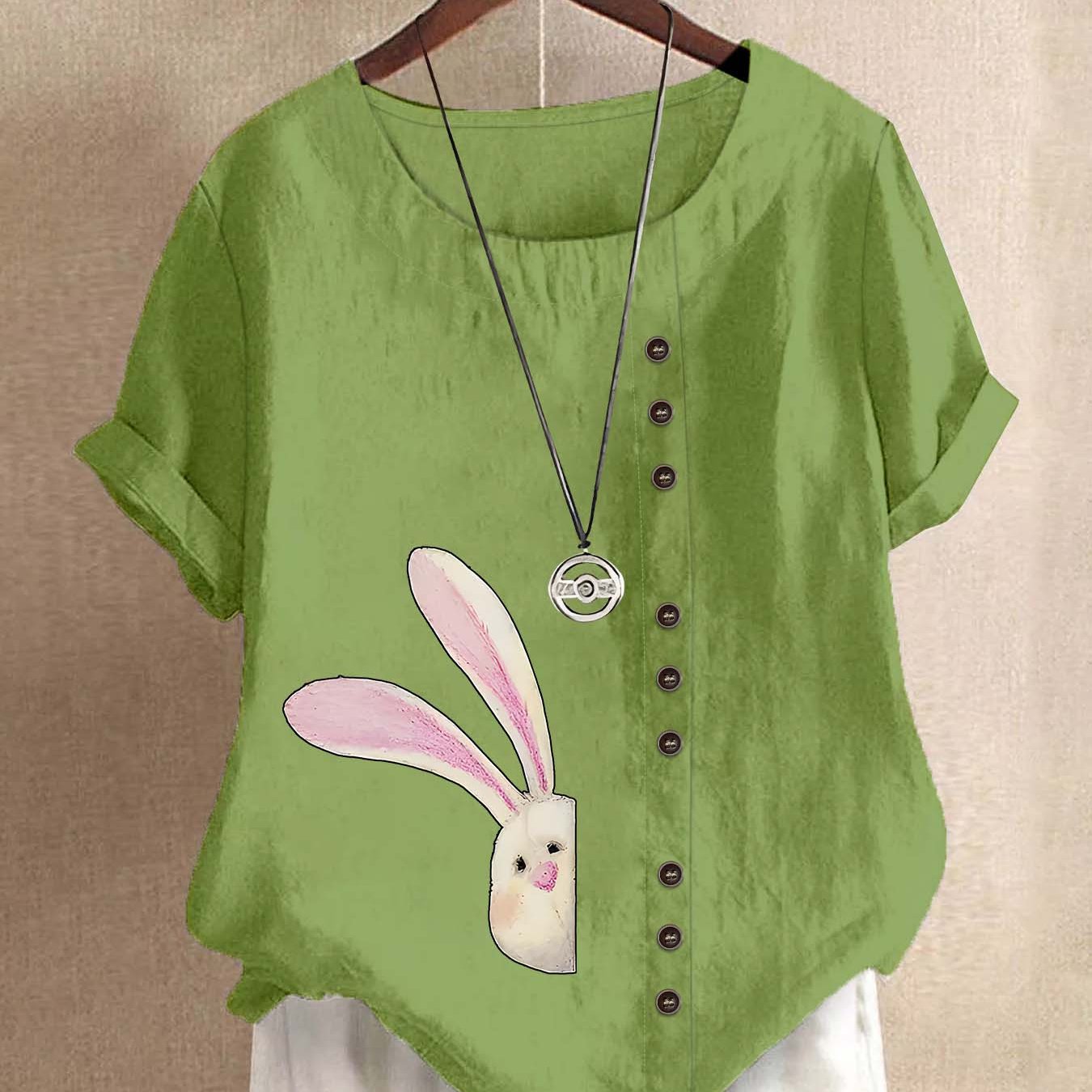 TEMU Gift For Mom, European And American Loose Creative Letter Color-block Pattern Button Round Neck Women's Short-sleeved Shirt, Round Neck