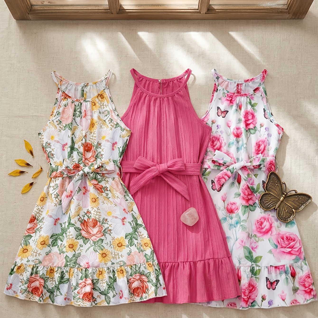 Image of 3-piece Set Girls' Summer Pattern And Solid Color Ruffle Hem Waist-tie Halter Neck Dress, Suitable For Summer , Leisure, And Vacation