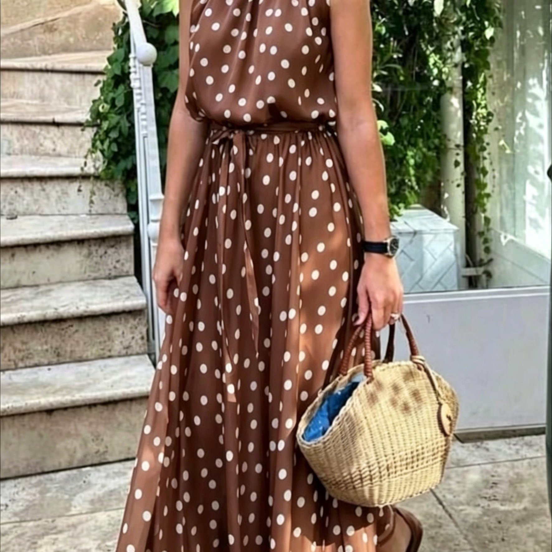 TEMU Women's Autumn/winter Casual Commuter Polka Dot Round Neck Sleeveless Elastic Waist Chiffon Long Dress