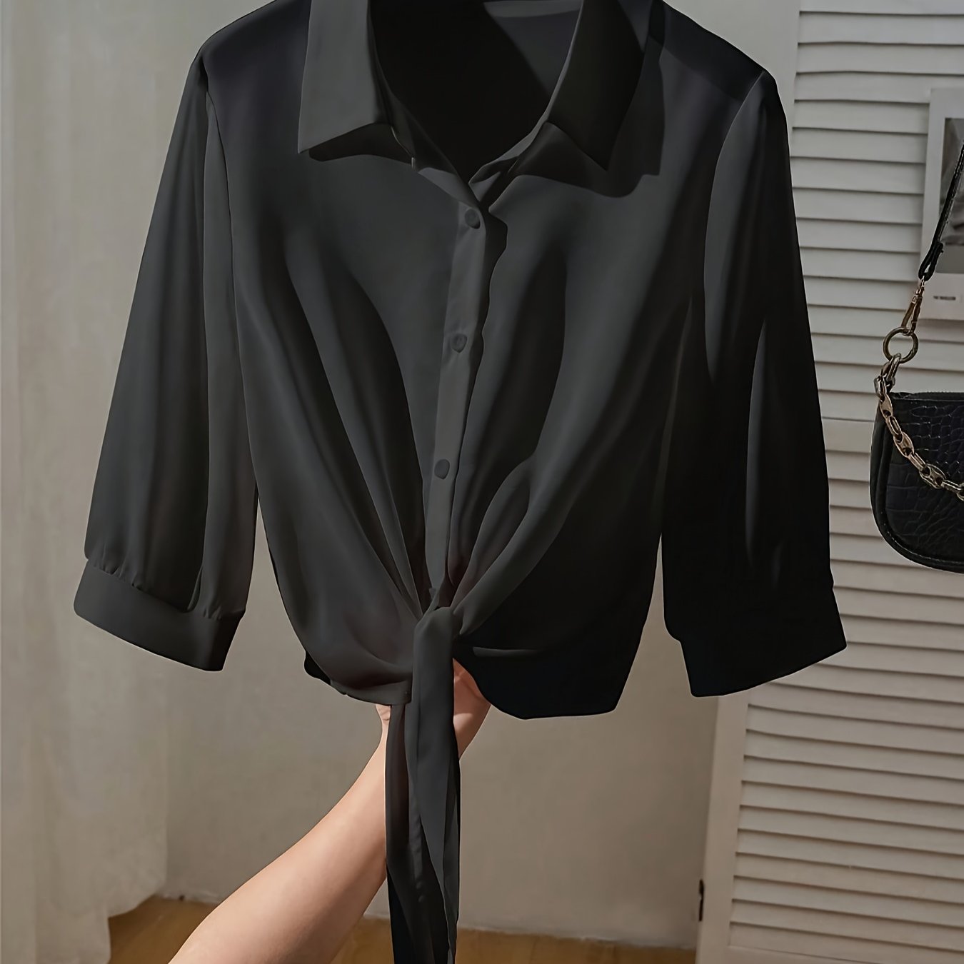Image of Women's Belted Chiffon Short Sleeve Button- Shirt