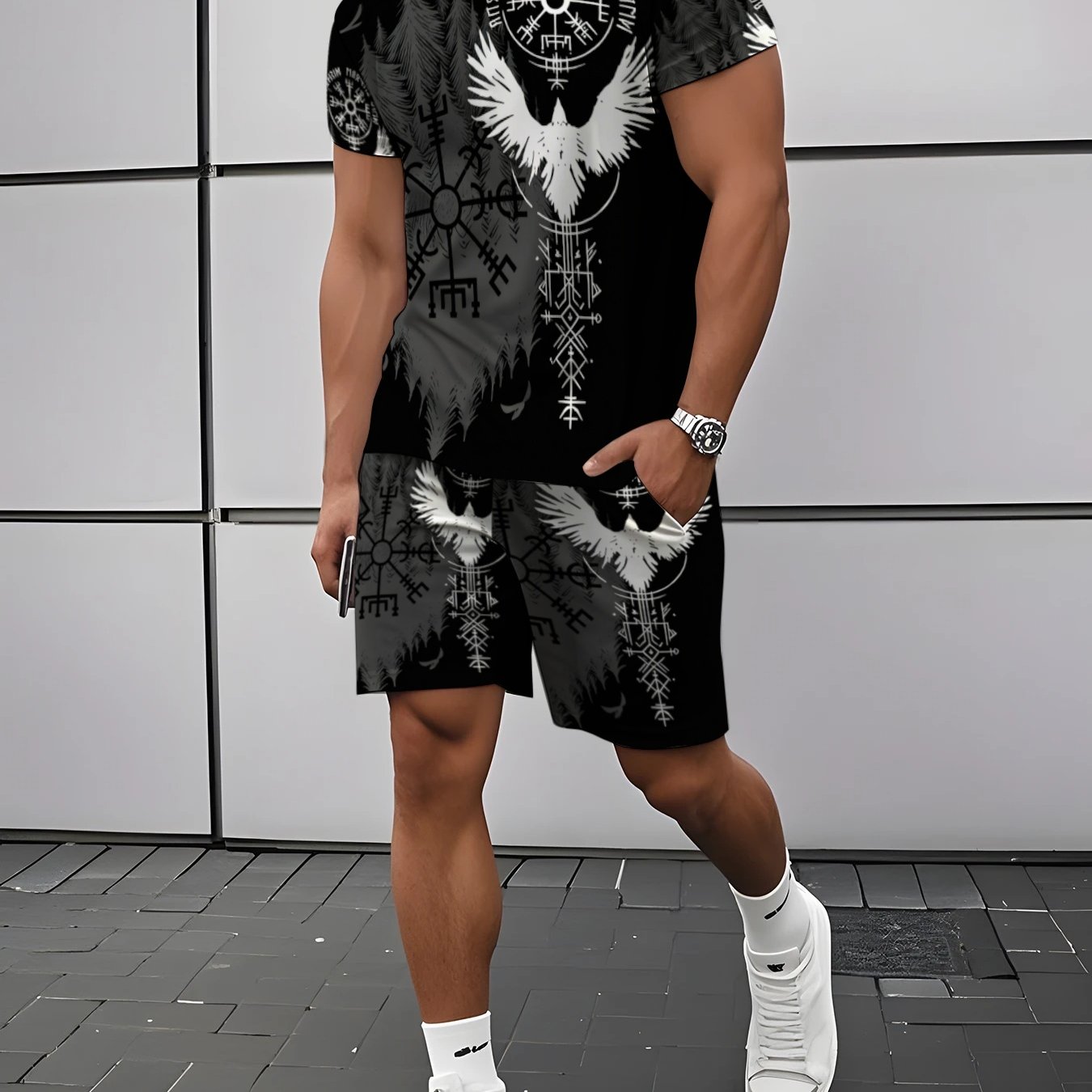 TEMU Men's Black Printed Short Sleeve And Shorts Set, Casual Sportswear 2pcs Set, Summer Fashion Trend Outfit