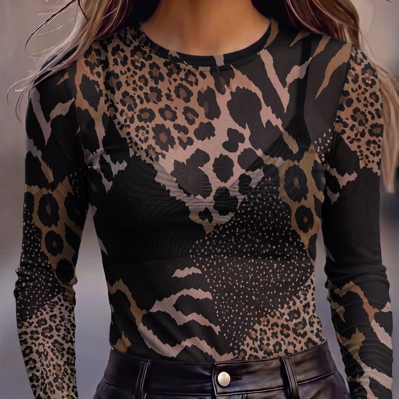 TEMU Women's Mesh Sheer Sexy Top T-shirt, Leopard And Zebra Print Pattern, Semi-sheer, Smooth, Breathable, Comfortable, Skin-friendly, Stretchy