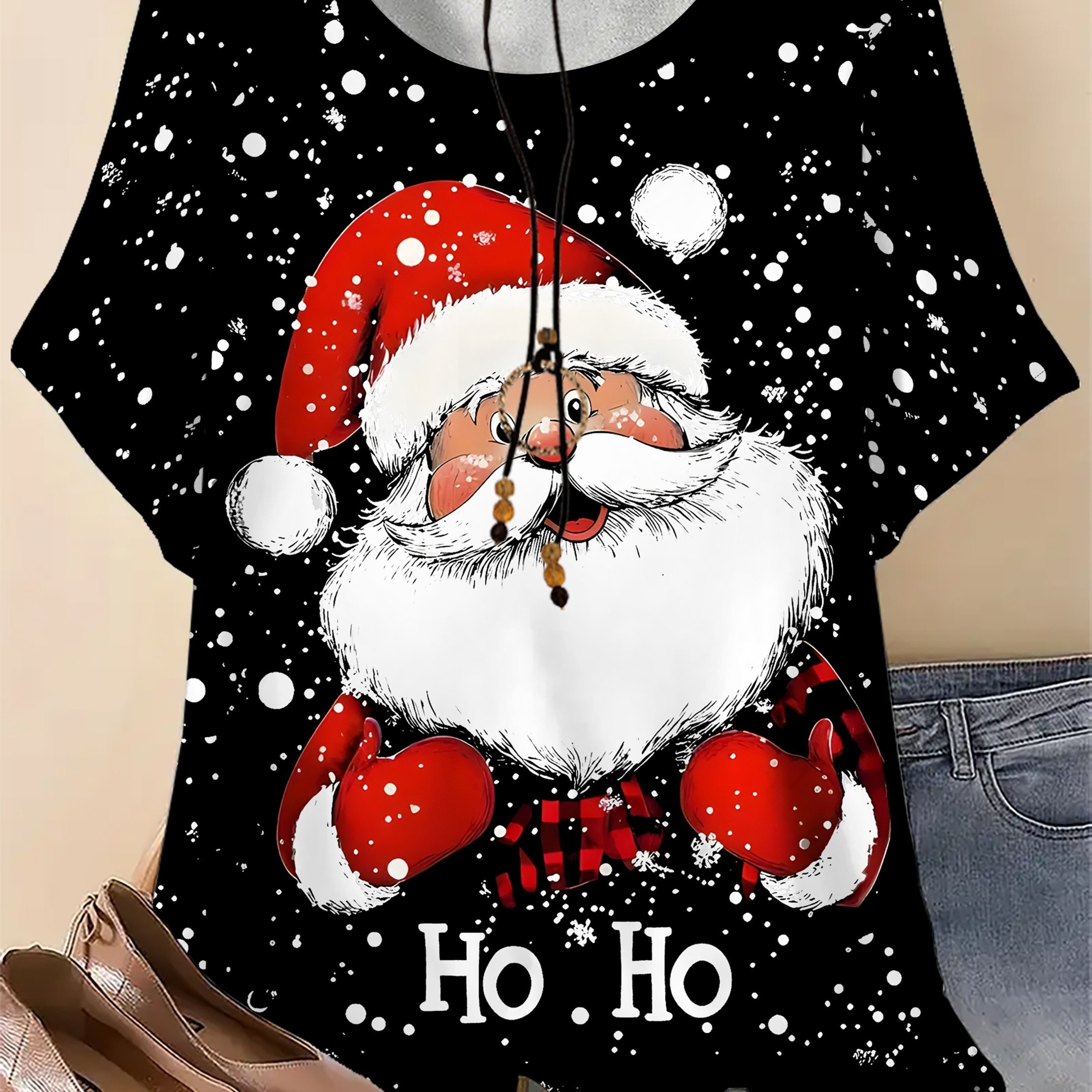 TEMU Plus Size, Women's Plus Size Oversized Santa Claus T-shirt - Short Sleeve Round Neck Christmas Party Costume With Ho Print, Red & & Iconic Santa