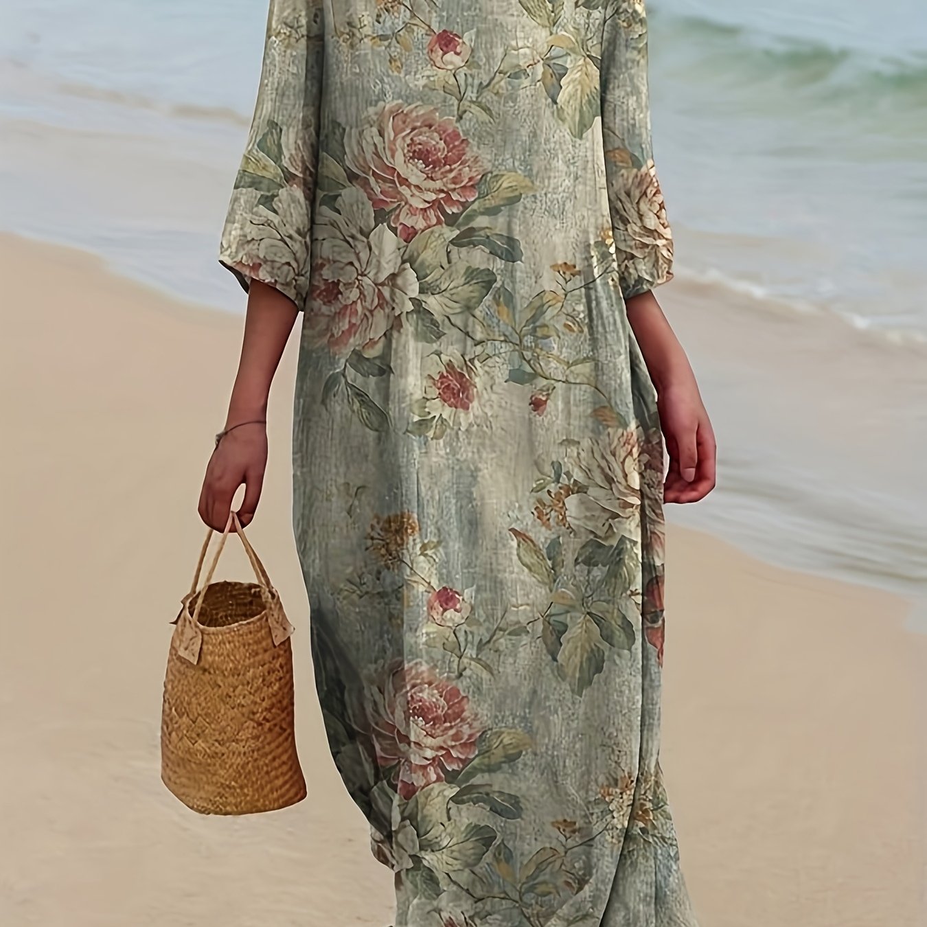 Image of Plus Size - Plus Size - Retro Round Neck Vintage Loose Long Sleeve Midi Dress Elegant Robe