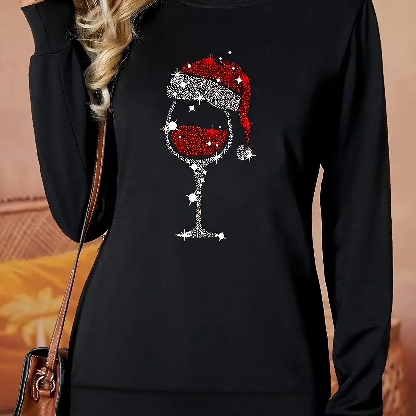 Image of Christmas Wine Pullover Sweatshirt, Casual Long Sleeve Crew Neck Sweatshirt For Fall & Winter, Women's Clothing
