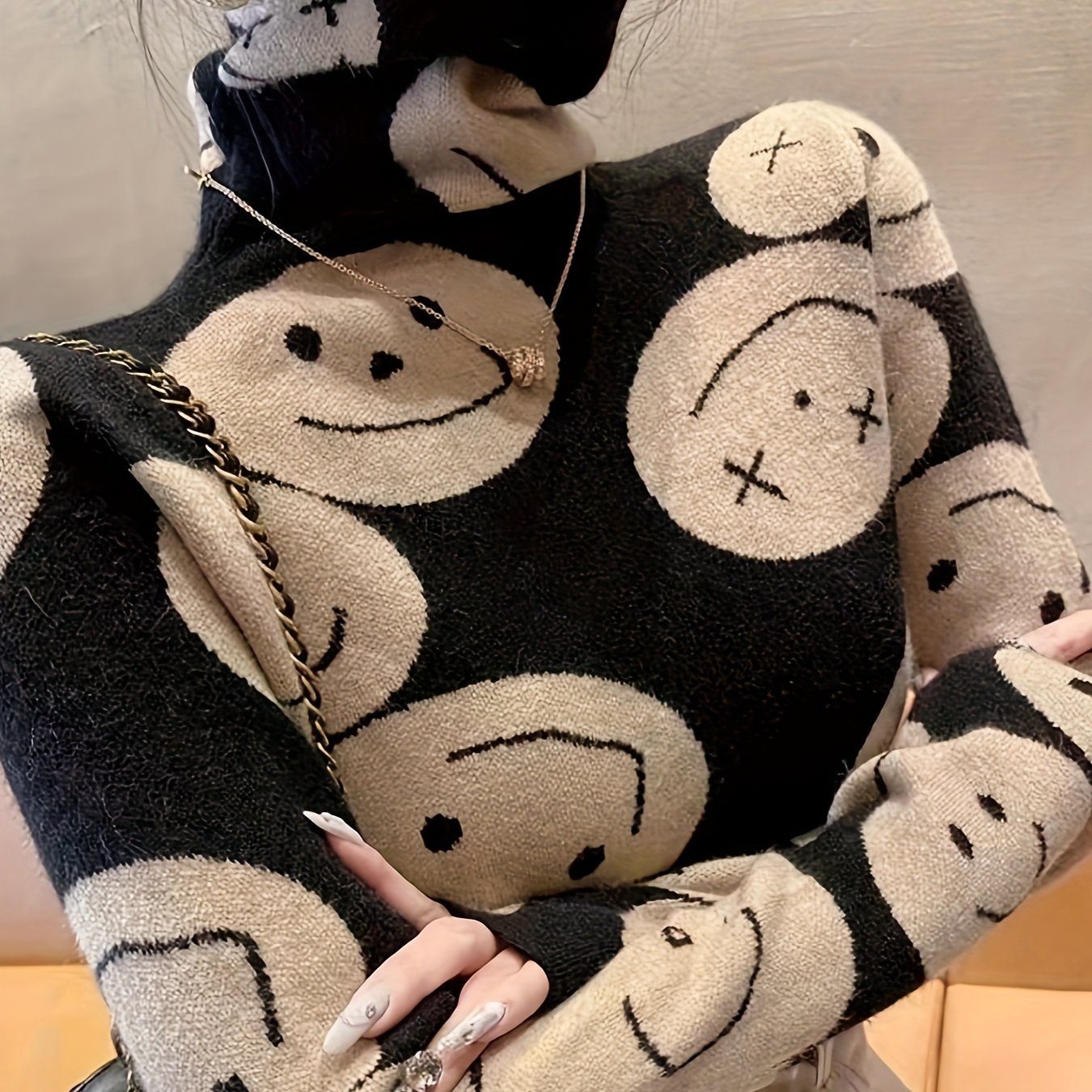 Image of Women's High Neck Sweater - Elegant Polka Dot Pattern, Medium -washable Fall Winter Layering Essential, Versatile Casual To Formal Tops, Formal Wear Top, Trendy Knitwear, Cozy Warm Fabric