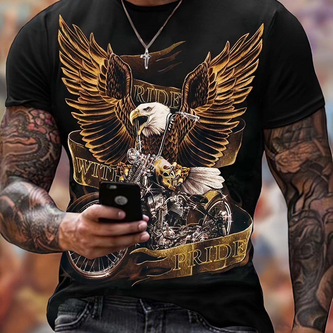 TEMU Men's Black Pattern Print T-shirt - Motorcycle And , Loose Casual Shirt For Everyday And Special Occasions - Machine Washable Street Style Top,