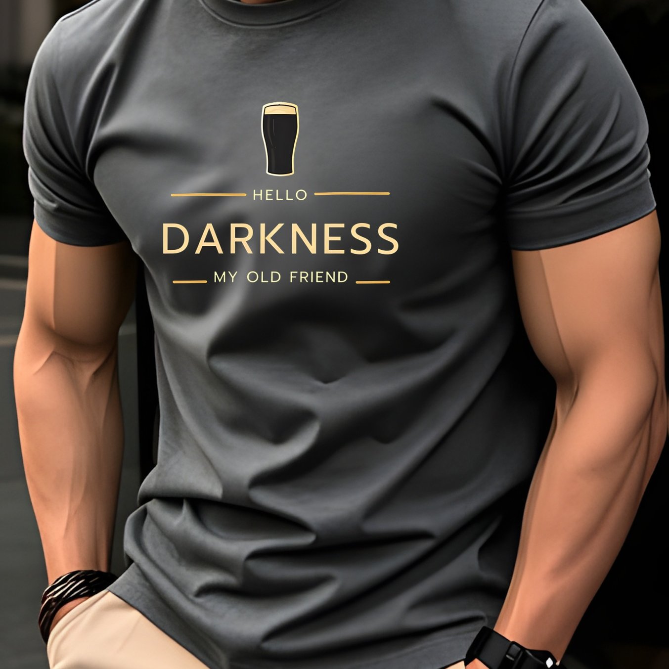 TEMU Round Neck Men's Short Sleeve T-shirt, Beer Commemorative Style "hello " Print, Black Beer Cup Easy Design, Casual Breathable Polyester Fiber,