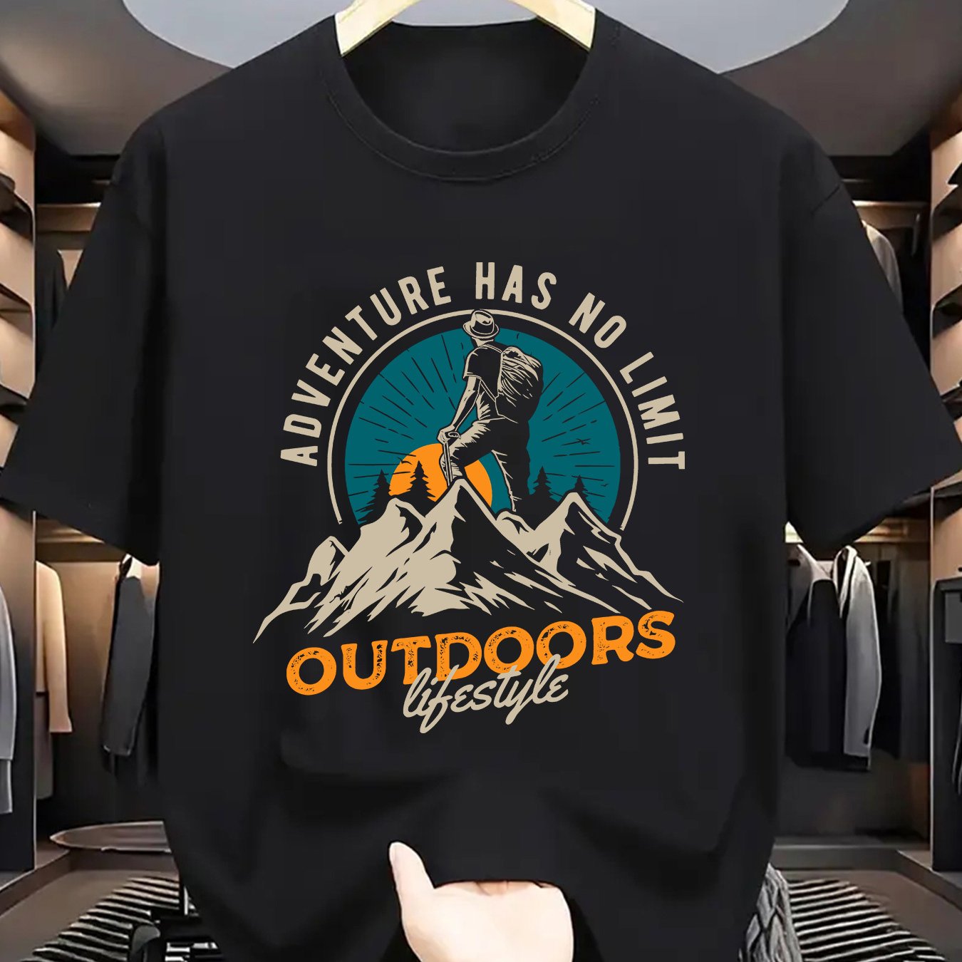 TEMU Adventure Limit" Men's Graphic Tee - Casual Summer T-shirt With Mountain And Explorer Design, Round Neck, Stretch Fabric, Trendy Parties And